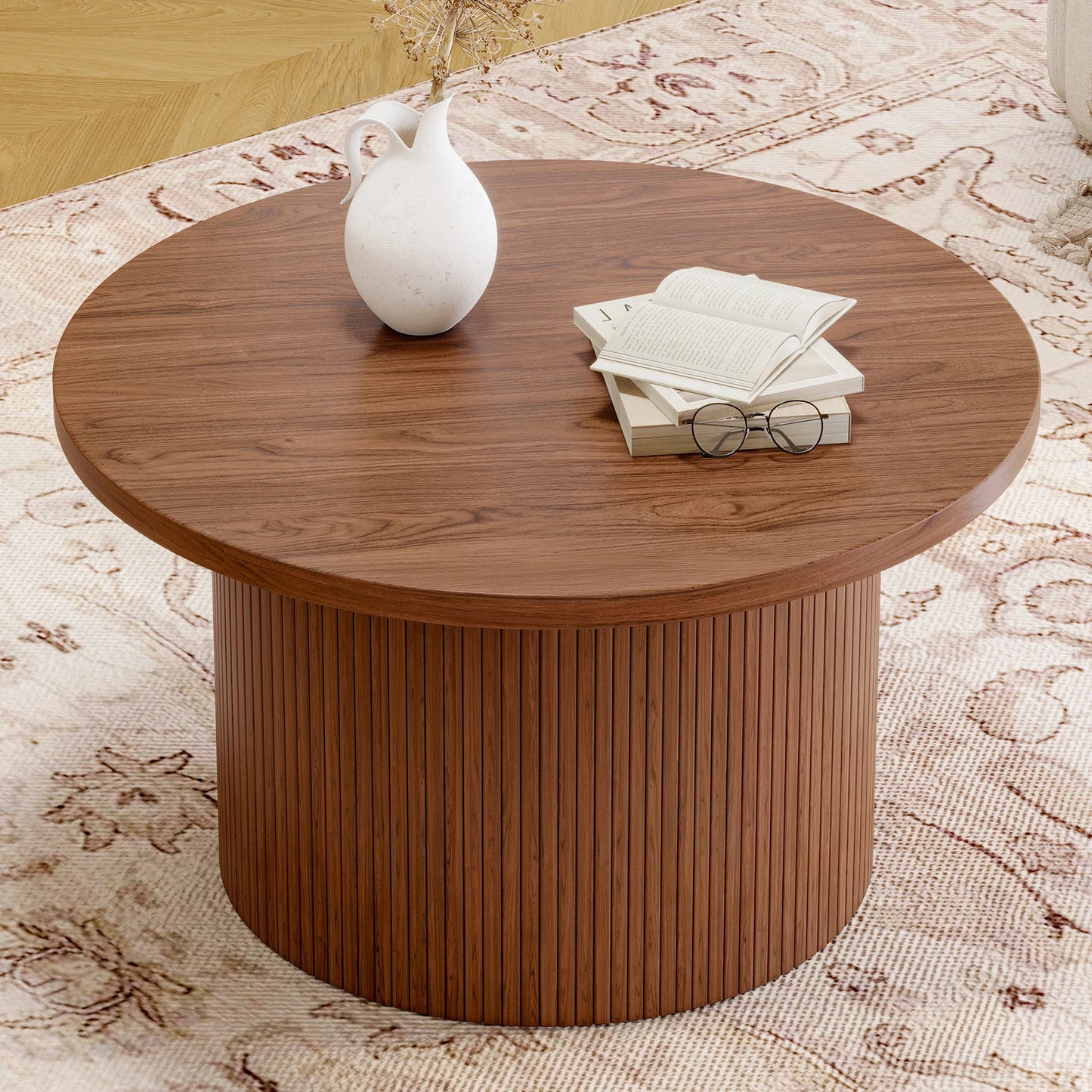 31.5" Round Coffee Table,Tambour Design Coffee Tables,Mid Century Modern Wood Coffee Table,Drum Accent Small Center Table,Walnut