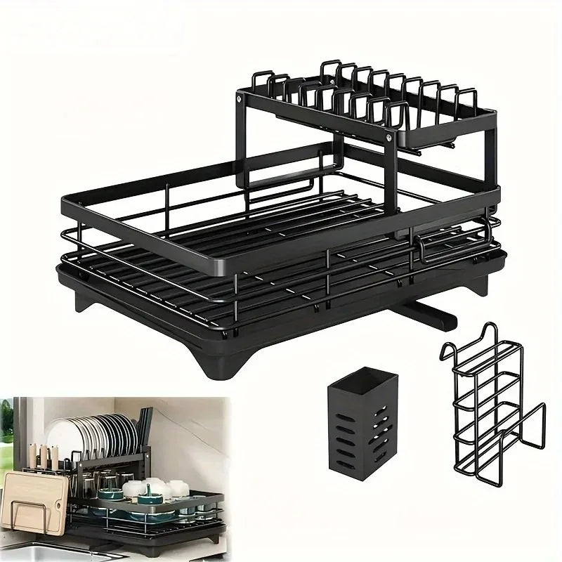 Double-Tier Extendable Dish Drainer – Large-Capacity Utensil Rack & Draining Board for Kitchen Worktops