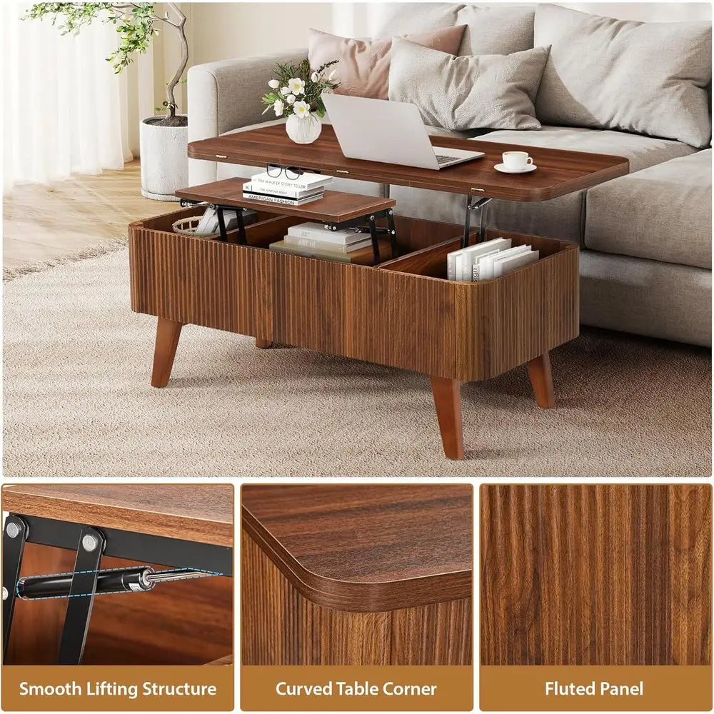 3-in-1 Coffee Table Converts to Dining Table, Walnut Oval Wooden Table with Storage for Small Spaces, Partial Assembly Required