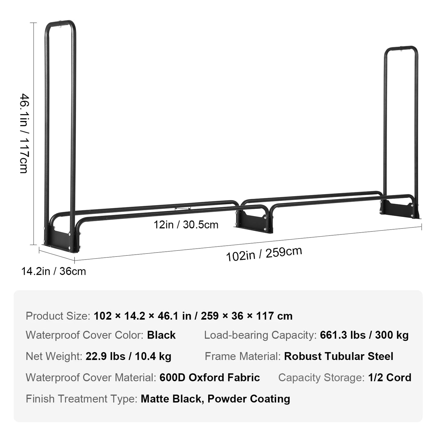 12.7FT Outdoor Firewood Rack with Cover Heavy Duty Firewood Holder & 600D Oxford Waterproof Cover for Fireplace Patio