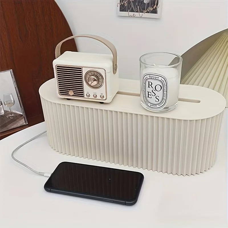 Large Cable Management Box with Lid | Portable Oval Desktop Organizer to Hide & Sort Wires for Home Office