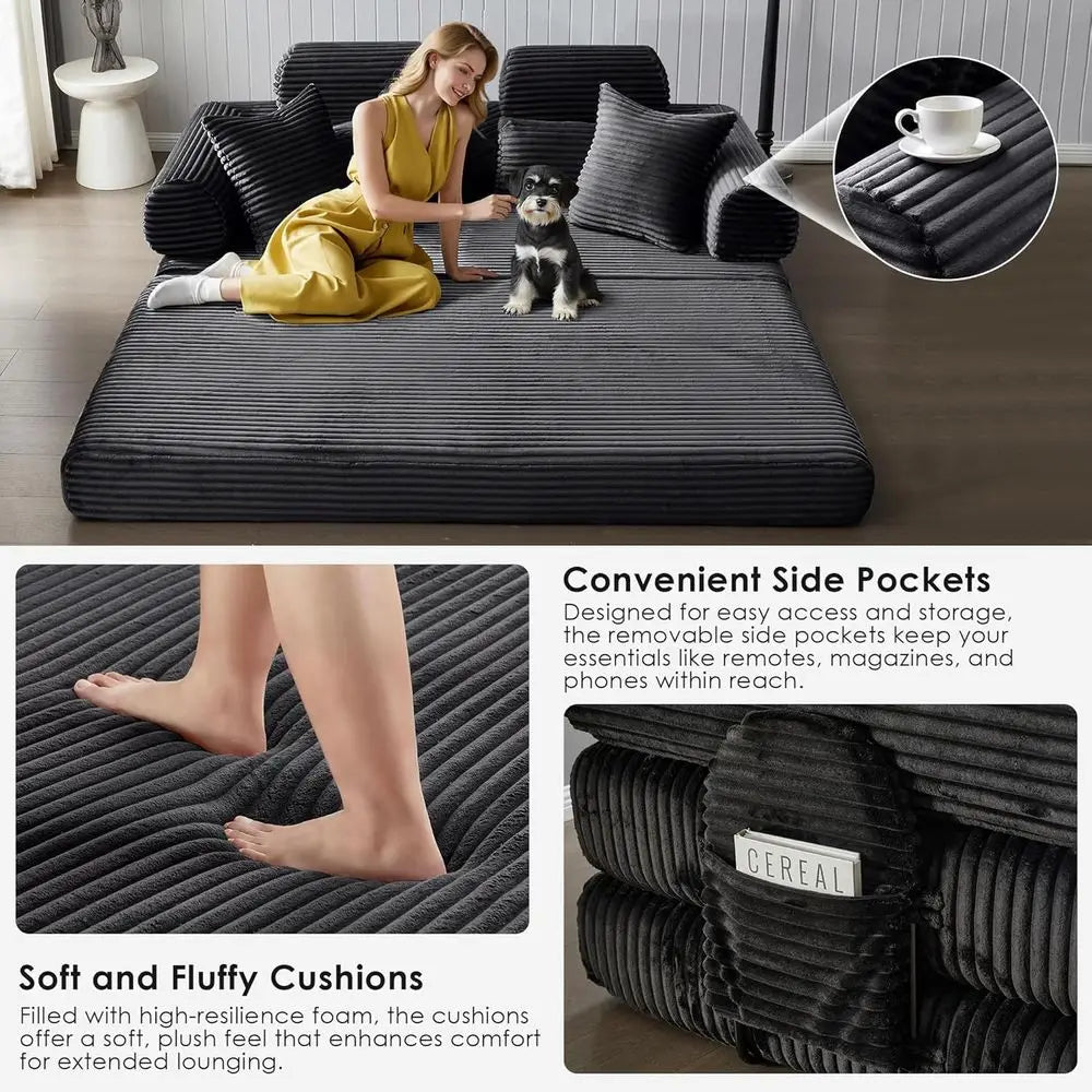 Convertible Sleeper Sofa Bed, 78.5 Corduroy Loveseat Couch, Queen to King Size Memory Foam Sofa, Black, No Assembly Needed
