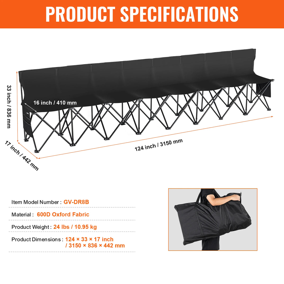 SucceBuy 6/8Seat Foldable Sideline Bench Outdoor Camping Bench Chair with Bag & Backrest Team Sport Sideline Bench