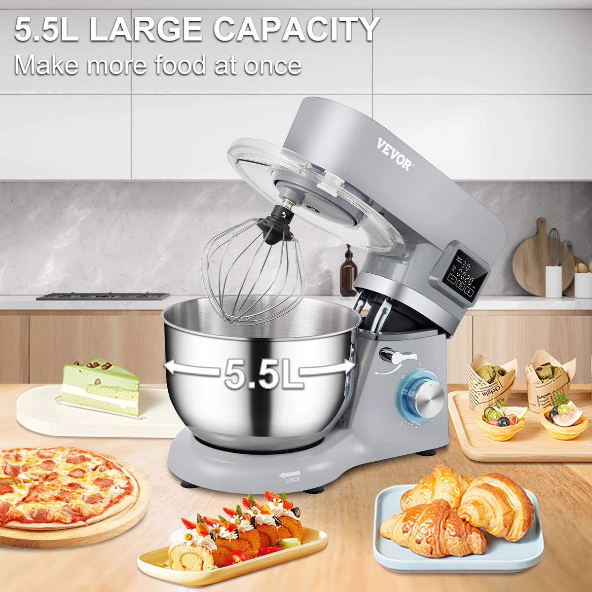 SucceBuy Stand Mixer Electric Dough Mixer with 6 Speeds LCD Screen Timing 5.8 Qt Stainless Steel Bowl Dough Hook Flat Beater