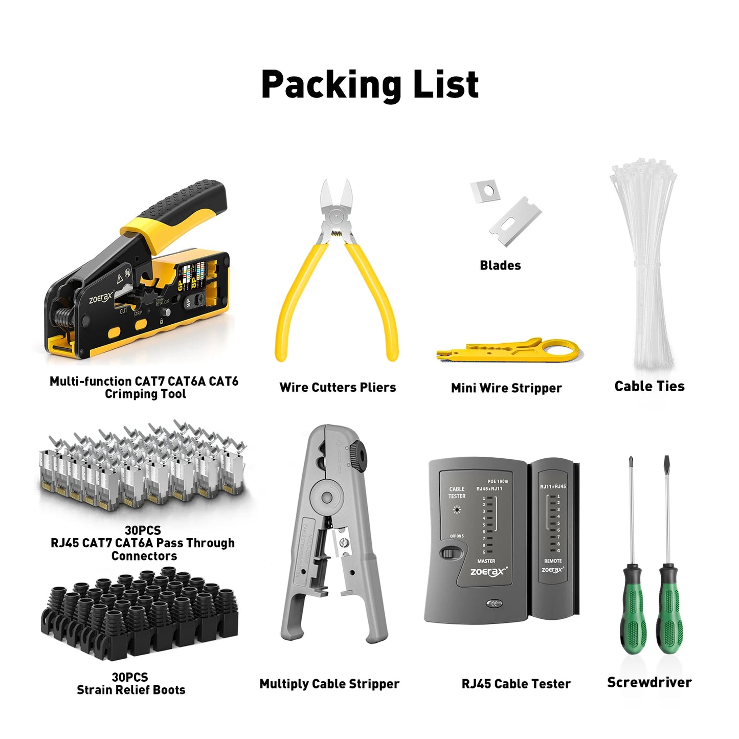 ZoeRax 11 in 1 RJ45 Cat7 Cat6A Crimp Tool Kit,Cable Tester,Wire Cutter,Blades Cat7 Connectors and Boots Cable Ties screwdrivers
