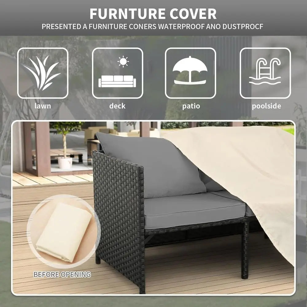 3-Piece Outdoor PE Rattan urniture Set Patio Black Wicker Contion Loveseat Soa Sectional Couch Gray Cushion