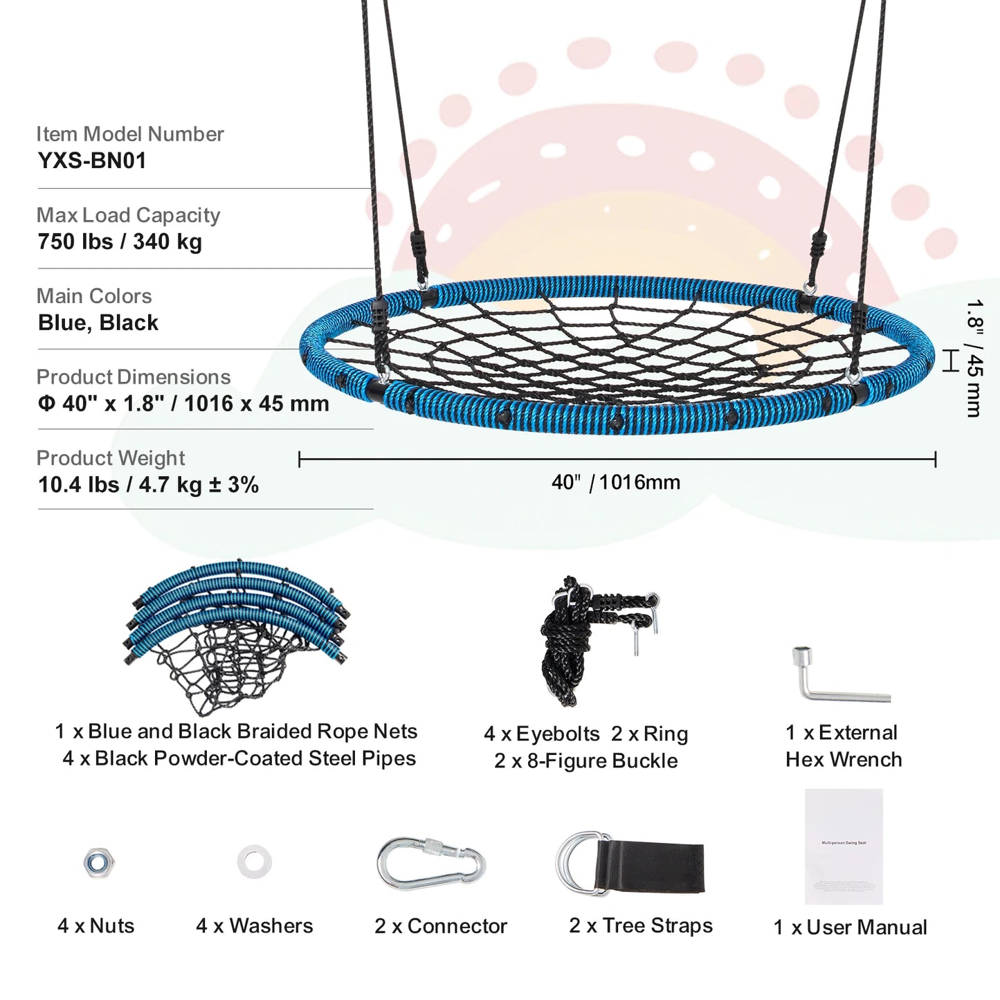 SucceBuy Tree Swing Saucer Swing 750lbs Swing Seat 2 Tree Hanging Straps Adjustable Multi-Strand Ropes Round Swing Kids Outdoor