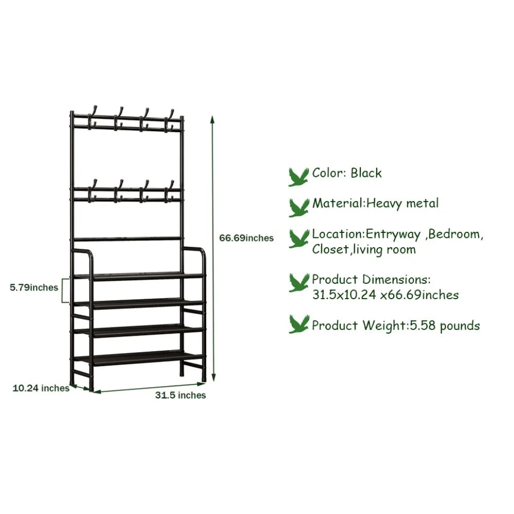 5-Tier Metal Coat Rack with Shoe Shelf & 8 Hooks - Freestanding Entryway Organizer for Hallway, Bedroom, Closet Storage
