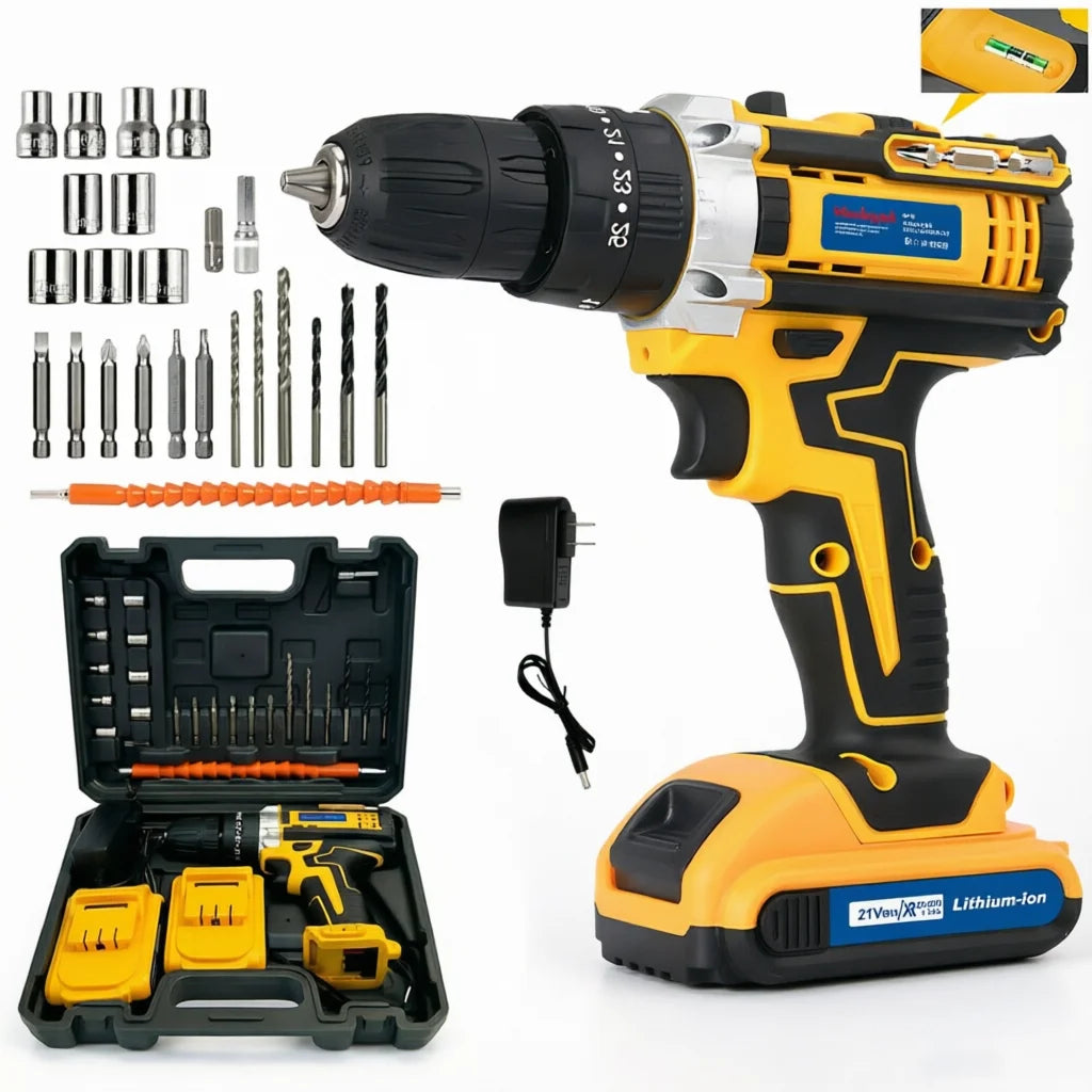 21V Cordless Impact Drill 2.0AH Rechargeable Battery Fast Charger Electric Screwdriver Adjustable Speed Torque LED Work Light Multi Drill Bits Storage Box Household Vehicle Maintenance Tool Holiday Gift For Men