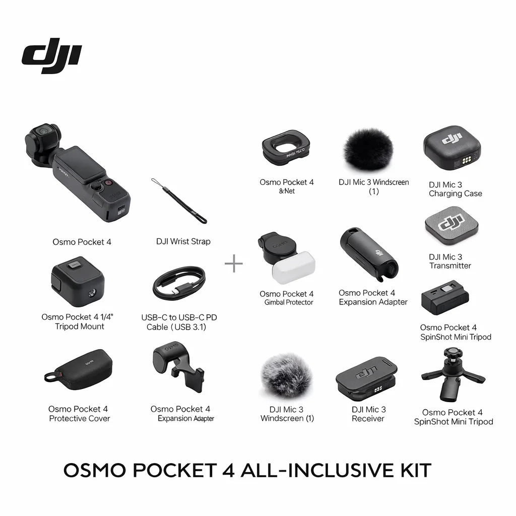 Osmo Pocket 4 Creator Combo 6K Gimbal Camera with Wide-Angle Lens, DJI Mic 3, Battery Handle, Tripod for Vlog