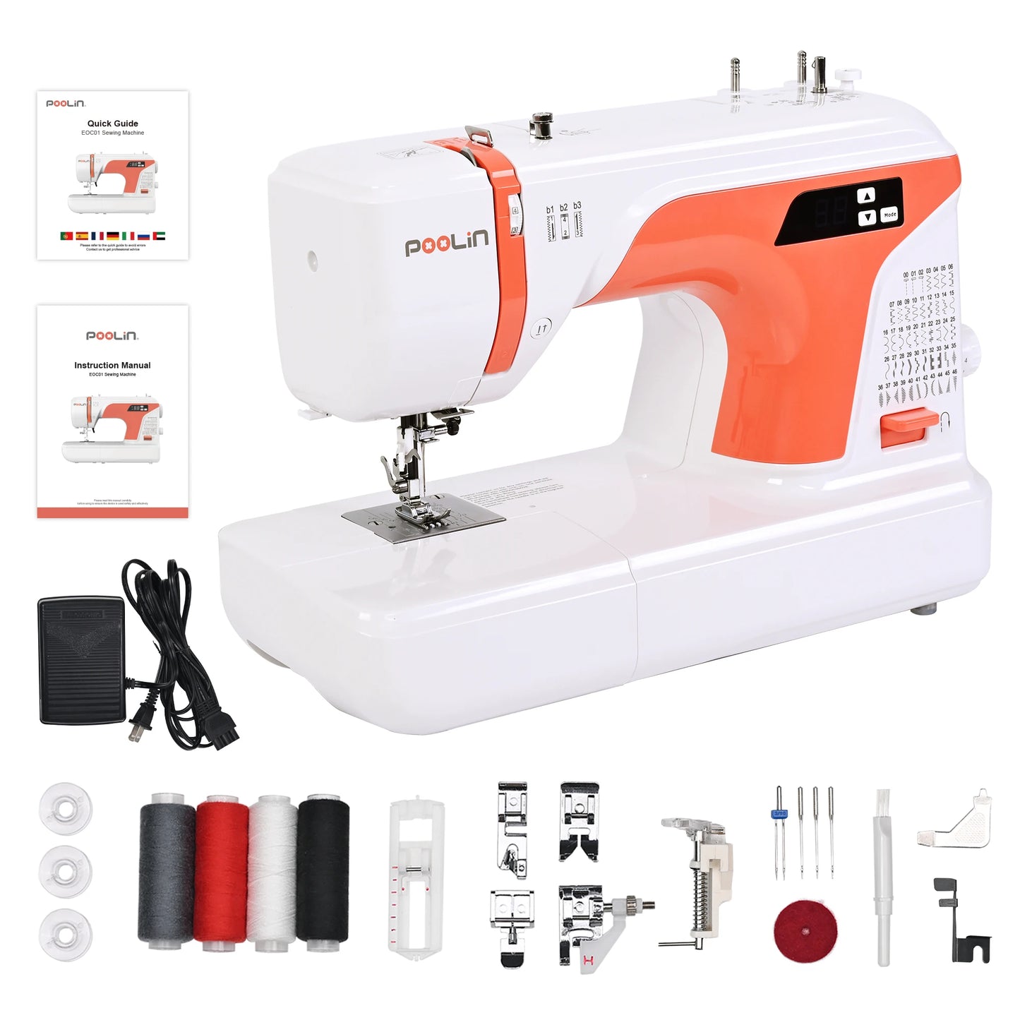POOLIN EOC01-RE Computerized Sewing Machine, Home Use with 2 Sewing Modes, 107 Stitches & 8 Presser Feet