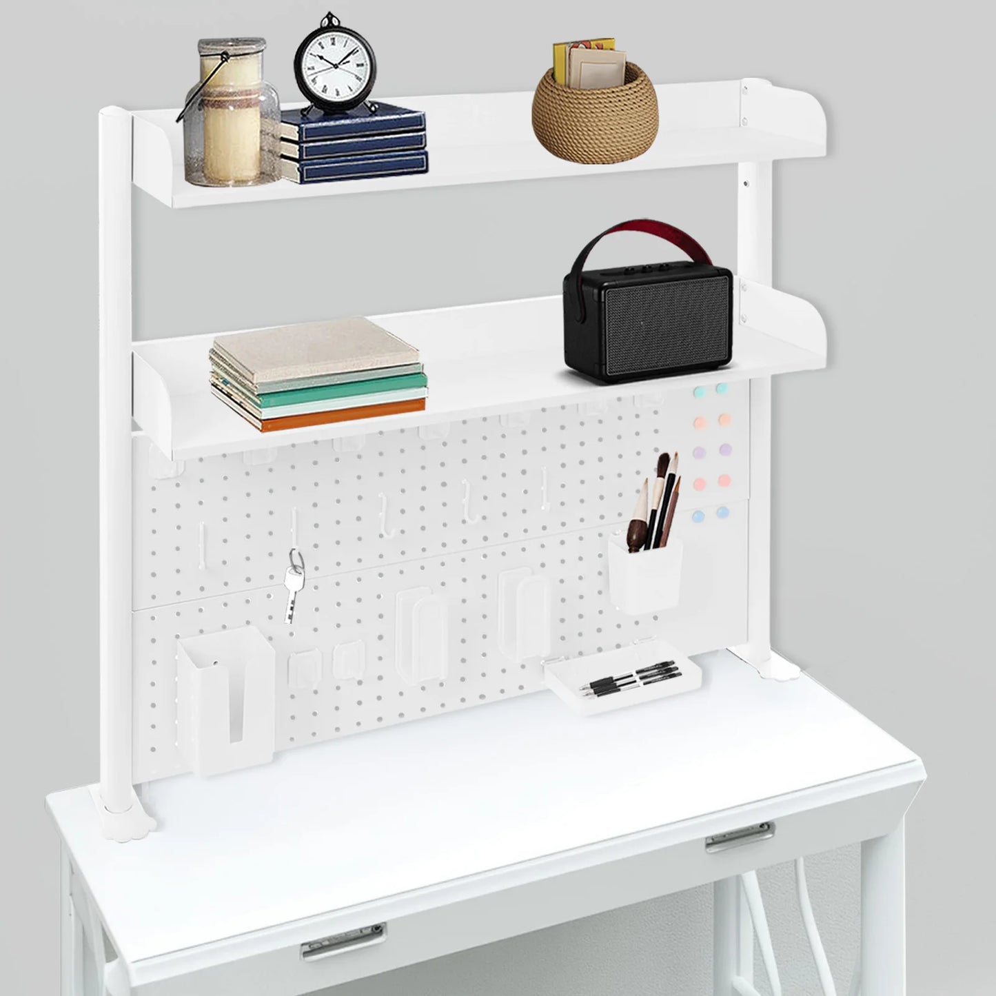 Clip On Desktop Bookshelf Organizer 2 Tier Open Shelf With Pegboard Back Multipurpose Countertop Storage For Stationery Books