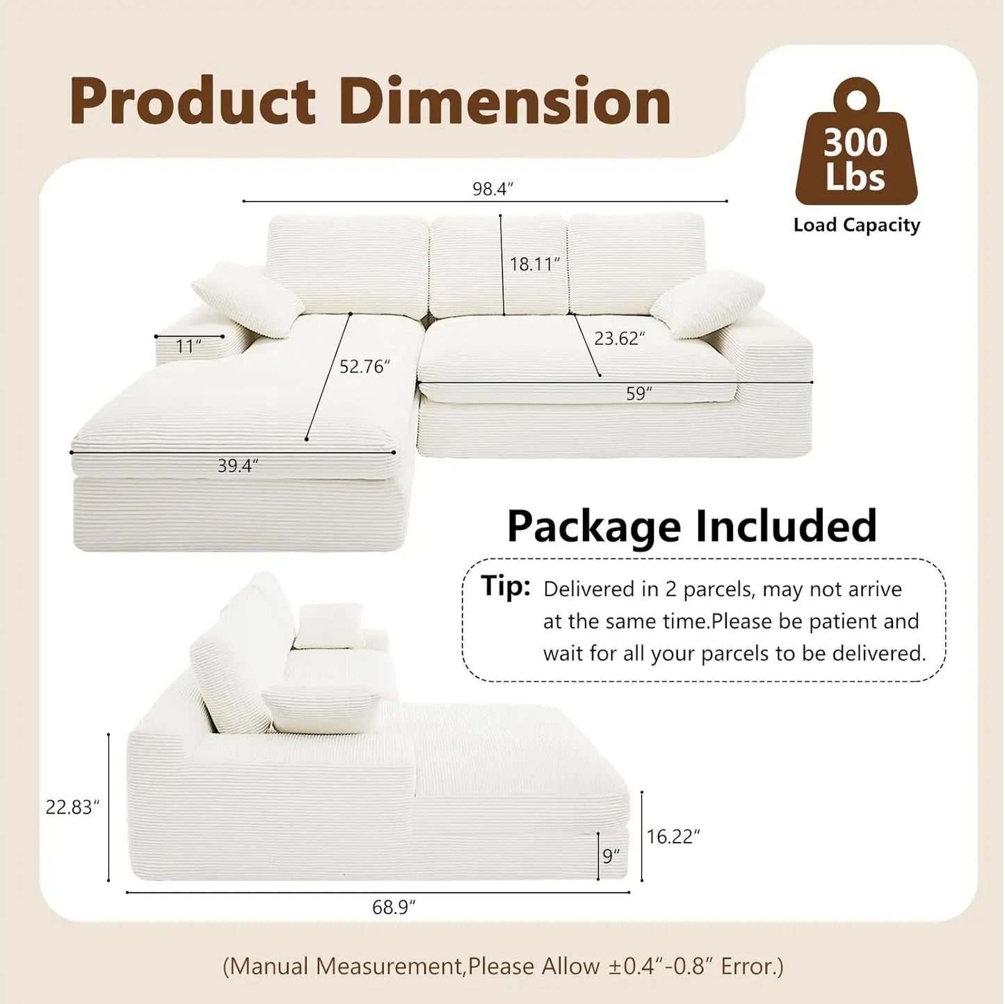 98.4" Cloud Modular Sectional Couch with Chaise,L-Shaped Modern Upholstered Sofa with Deep Seat,Corduroy Sectional, Customized