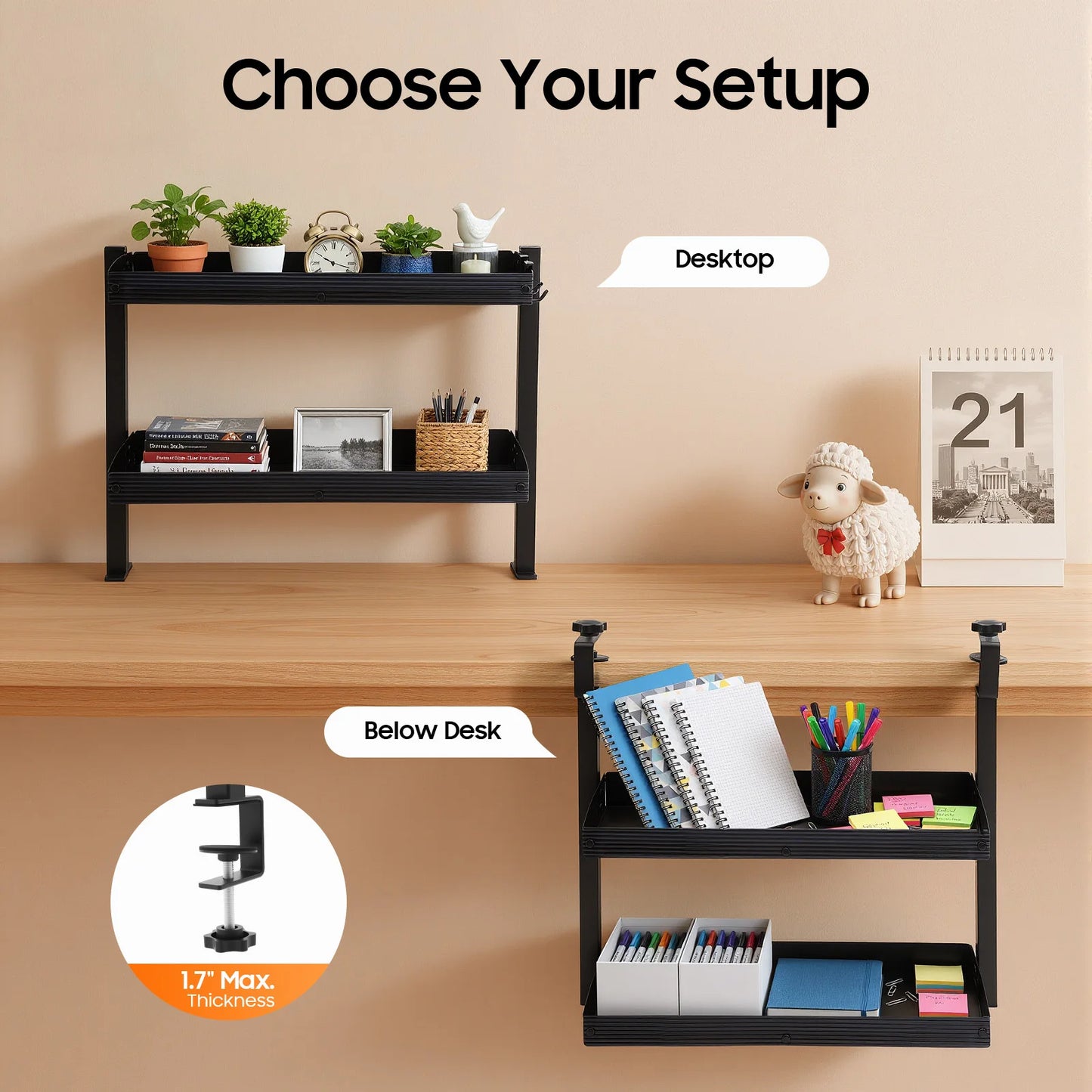 2-Tier Desk Shelf, Expandable Under Desk Storage, Clamp on Desk Shelf, Djustable Table Corner Storage Basket for Offices