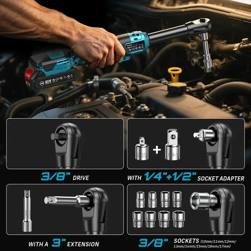 Seesii 3/8" 21V Cordless Electric Wrench 80Nm 6.3'' Extended Electric Ratchet Wrench Rechargeable Angle Wrench Car Repair Tools