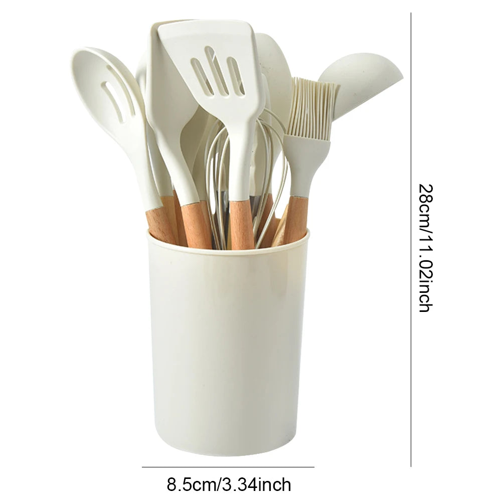 12Pcs Kitchen Utensil Set Cooking Tools Kit Wooden Handle Non-Stick Spatula Set Spatula Spoon Brush Whisk Kitchen Supplies