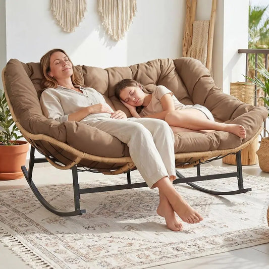Double Rocking Chairs, Oversized Egg Swing Chairs, 2-Person Wide Loveseat with Cushion, Comfortable Outdoor Furniture for Patio,
