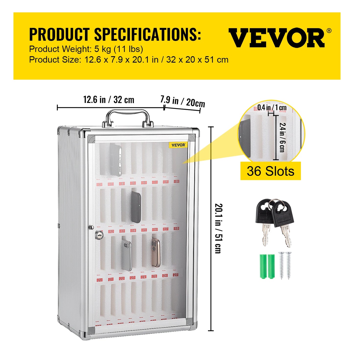 SucceBuy 36 Slots Cell Phone Cabinet Silver Aluminum Alloy Pocket Chart Wall Mounted Storage Locker Box for Classroom Office Gym