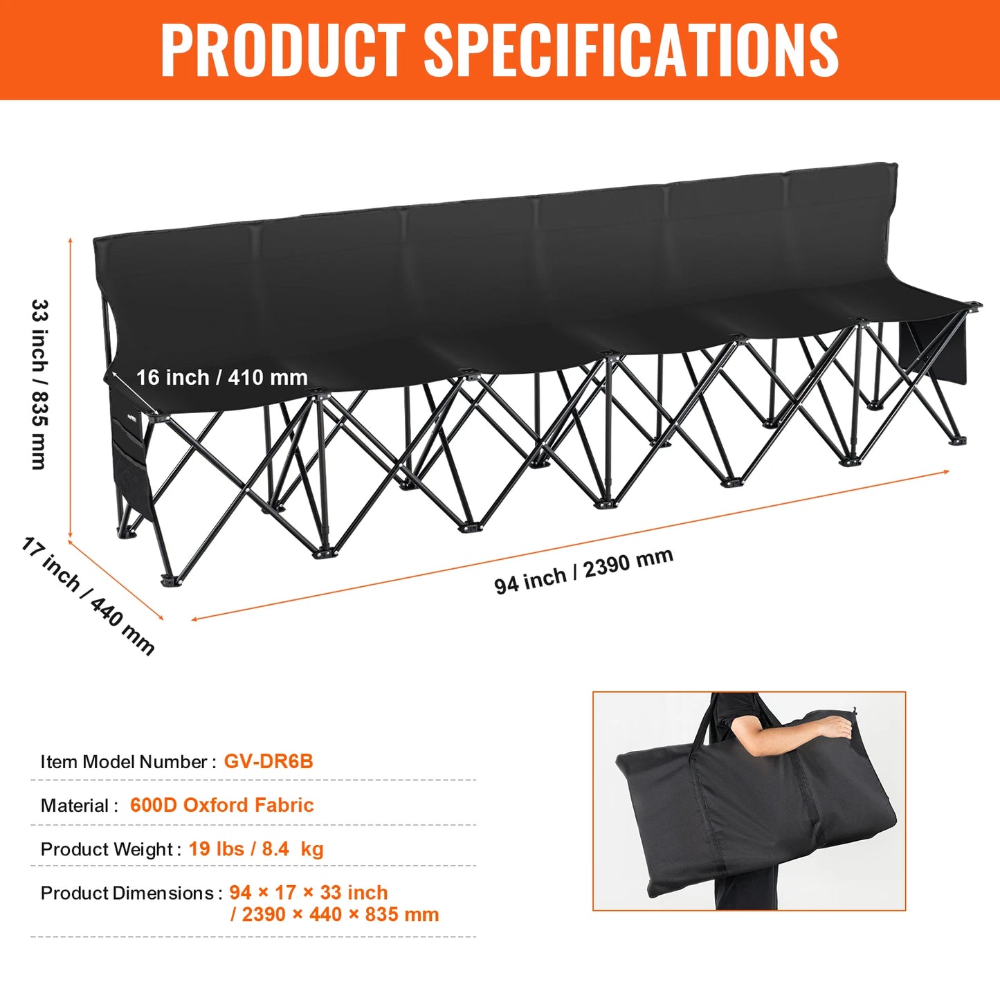SucceBuy 6/8Seat Foldable Sideline Bench Outdoor Camping Bench Chair with Bag & Backrest Team Sport Sideline Bench