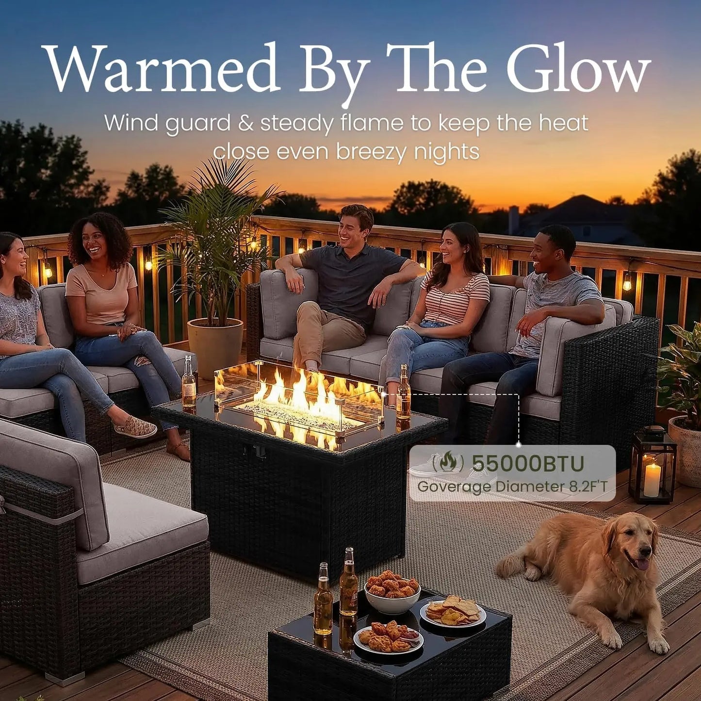 15 Piece Patio Furniture Set with Fire Pit Table, Outdoor Conversation Sets Wicker Rattan Sectional Sofa with Coffee Table