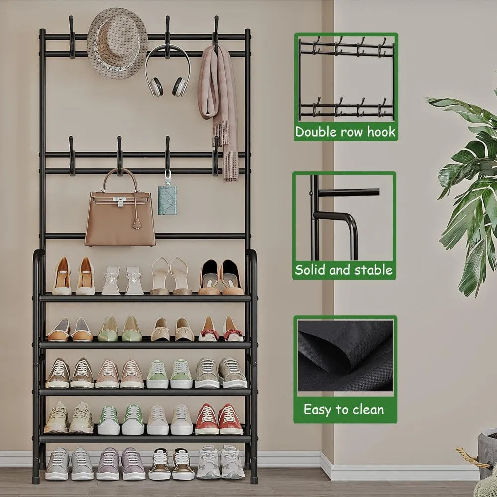 5-Tier Metal Coat Rack with Shoe Shelf & 8 Hooks - Freestanding Entryway Organizer for Hallway, Bedroom, Closet Storage