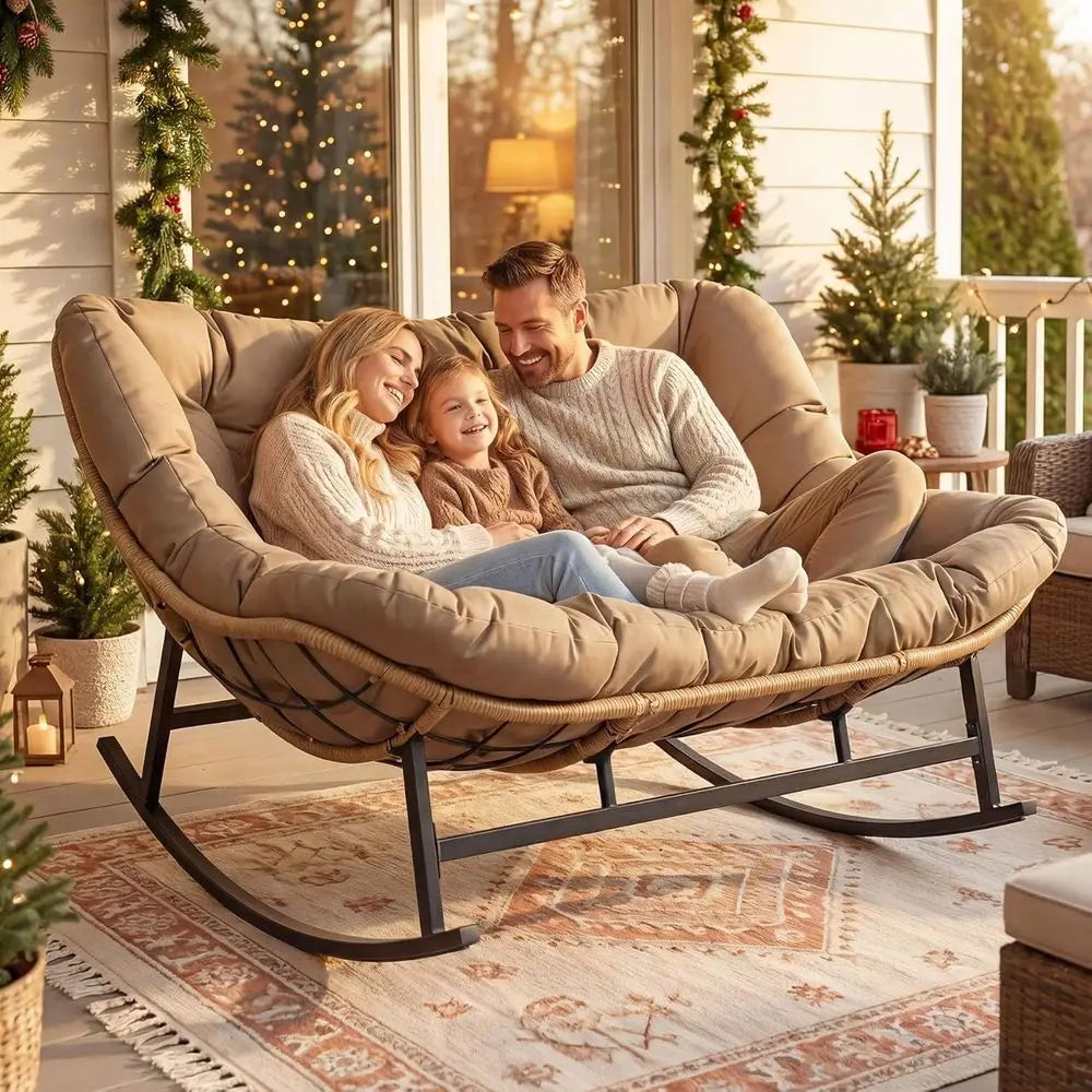 Double Rocking Chairs, Oversized Egg Swing Chairs, 2-Person Wide Loveseat with Cushion, Comfortable Outdoor Furniture for Patio,
