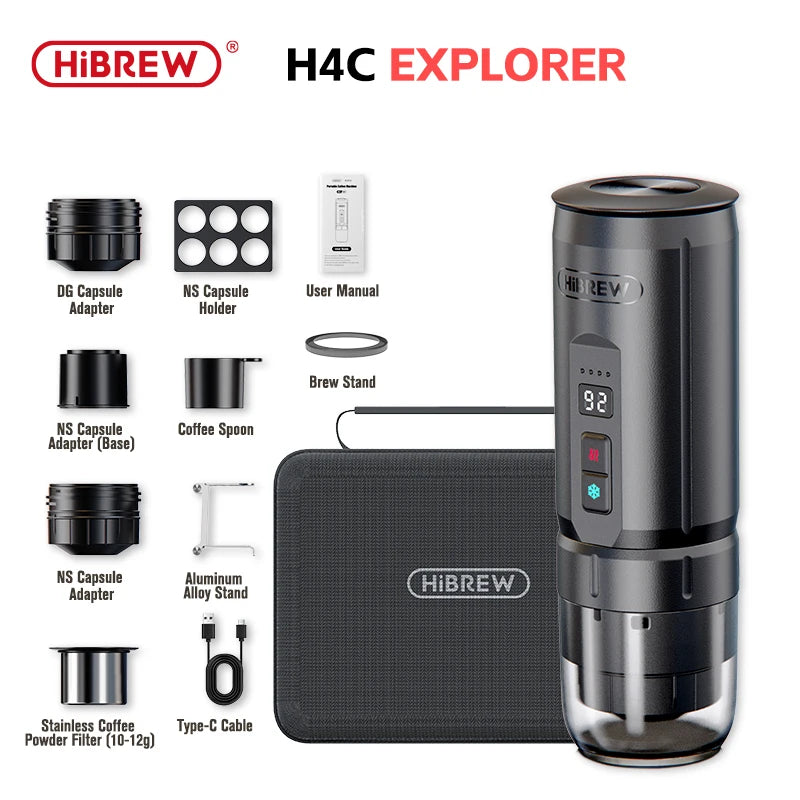 HiBREW H4C Portable Espresso Coffee Machine 3in1 Travel Coffee Maker 7500mAh Lithium Battery Self-Heating Ns DG Capsule & Ground