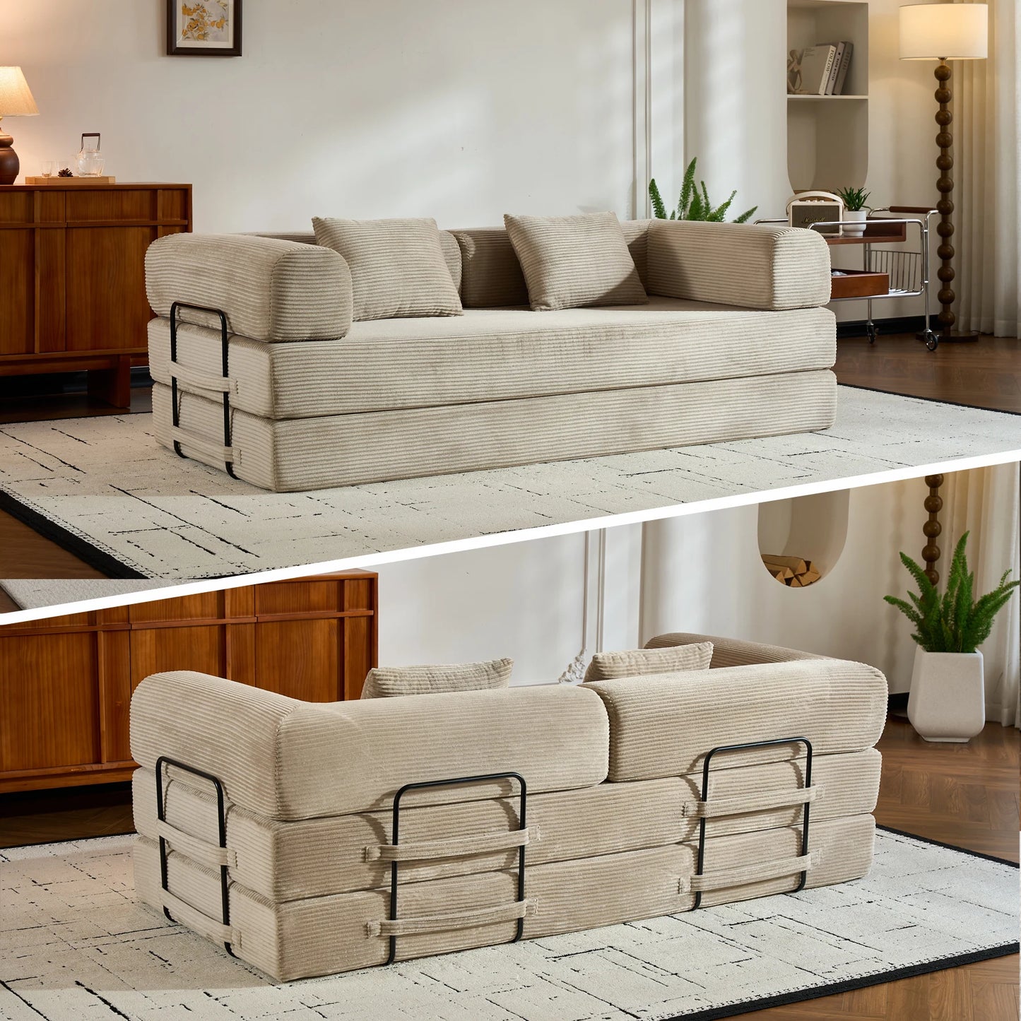 79" Convertible Sofa Bed with Fixed-Shape Frame & Removable Armrests, Corduroy Sofa, Mattress Couch for Small Spaces