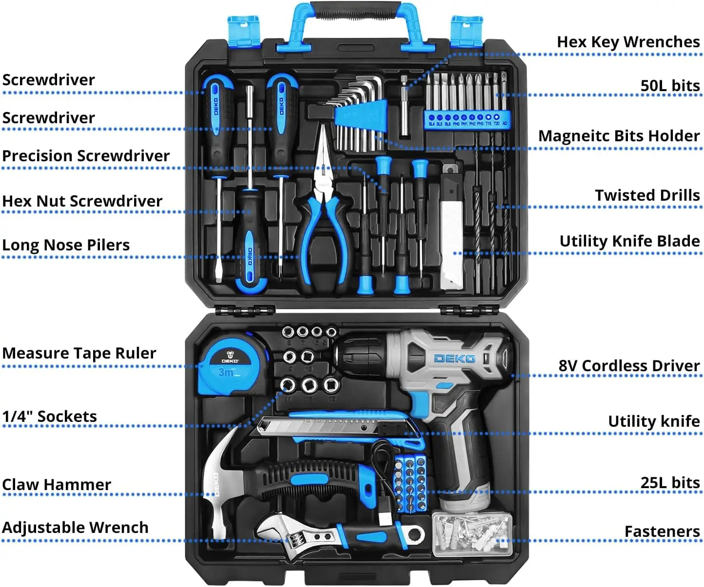 Drill Set: Tool Set with 8V Blue Cordless Drill, Home Tool Kit with Drill, Hand Tool Kits 126 Piece