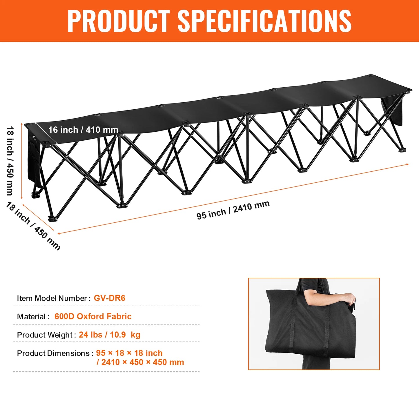 SucceBuy 6/8Seat Foldable Sideline Bench Outdoor Camping Bench Chair with Bag & Backrest Team Sport Sideline Bench