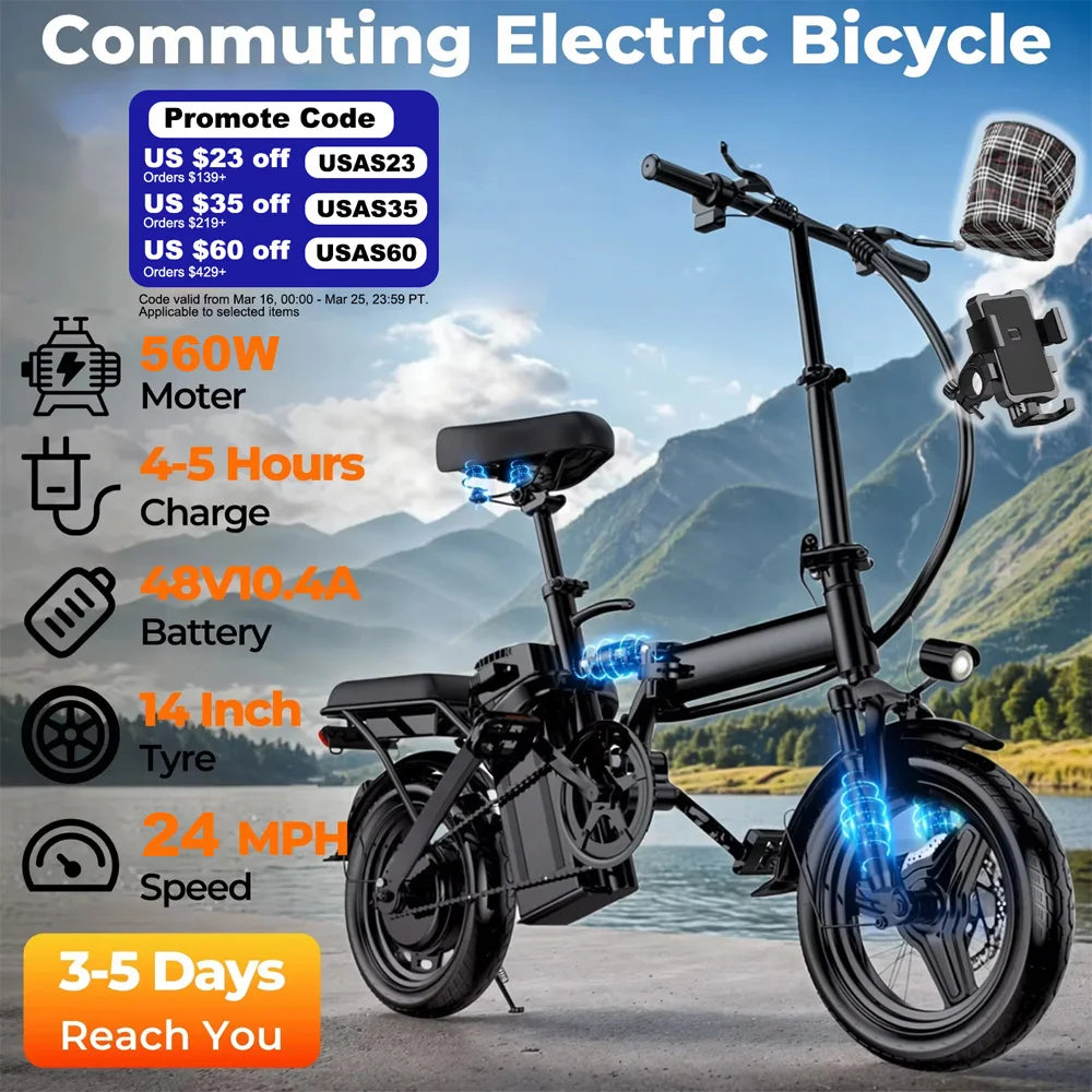 560W Adult Electirc Bikes,24MPH,48V10.4AH Removable Battery,14inch folding Electirc Bike,Multi-Shock Absorption Electirc Bicycle