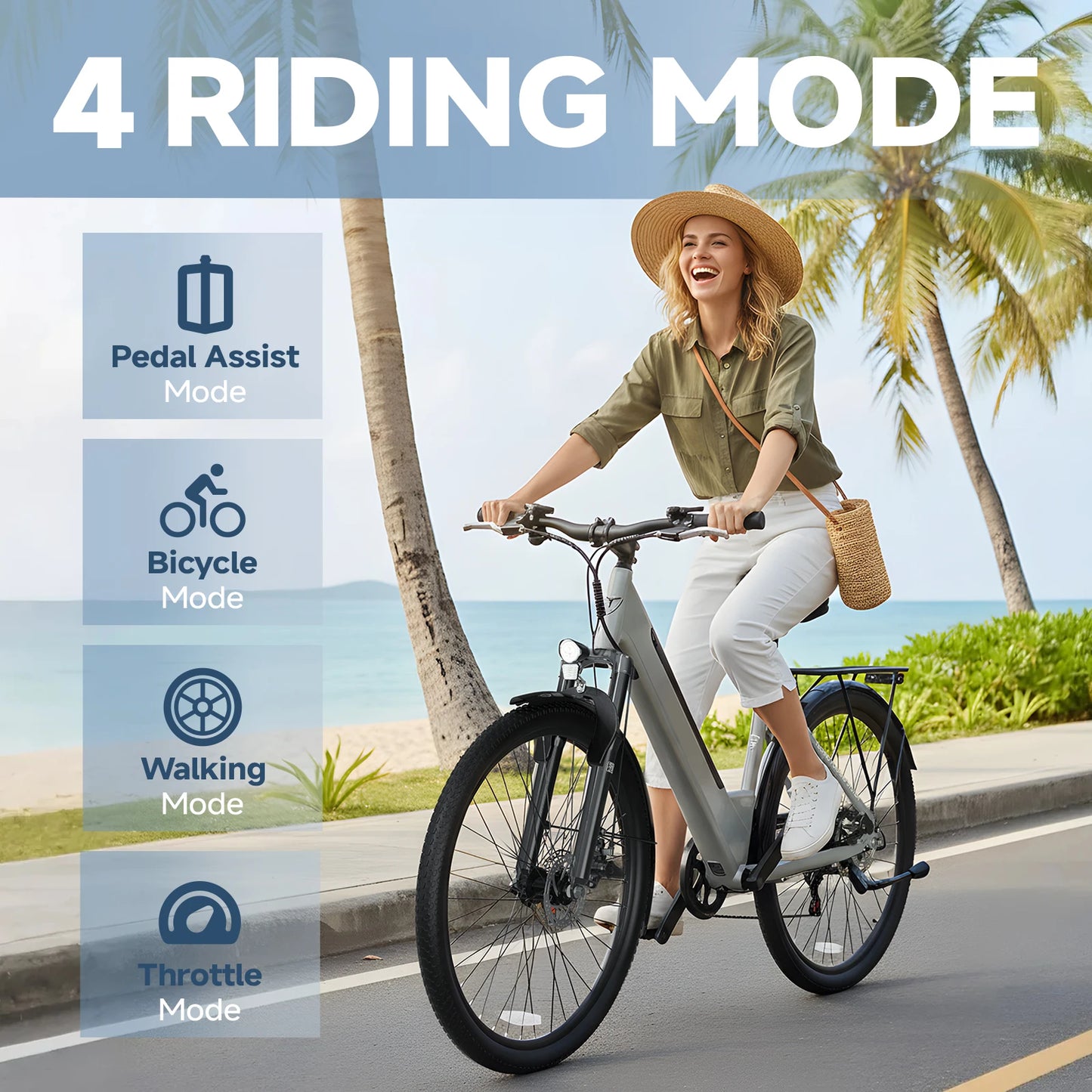 1000W Urban Ebike, 26" Comfort Step-Through Electric City Bike, 48V 10.4ah Removable Battery, Soft Seat, Perfect For Seniors