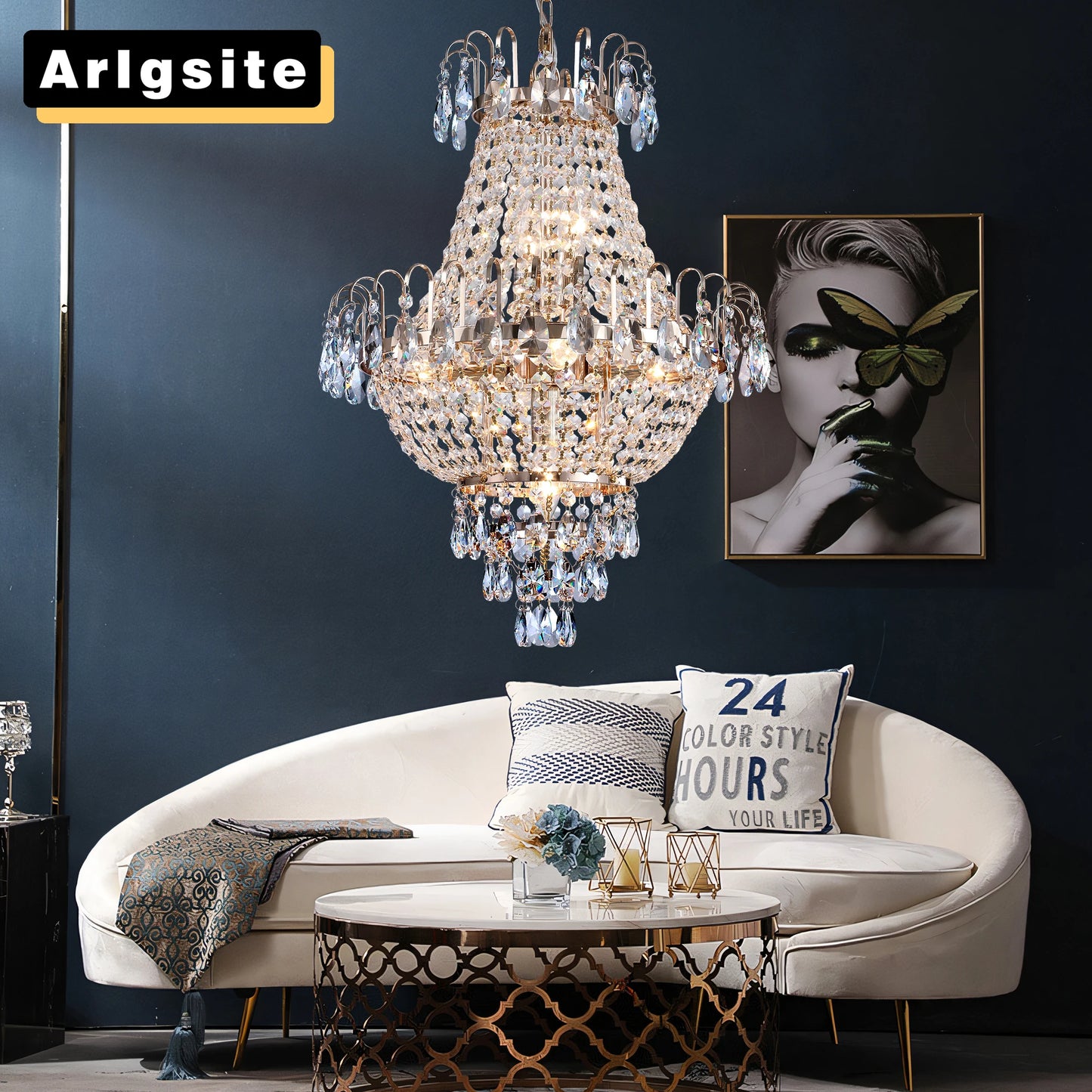 16.9" Luxury Retro Crystal Chandelier European Style Imperial Style Copper Color 7-Light Lighting Fixture Classy Living Room Restaurant Entrance Ceiling Light