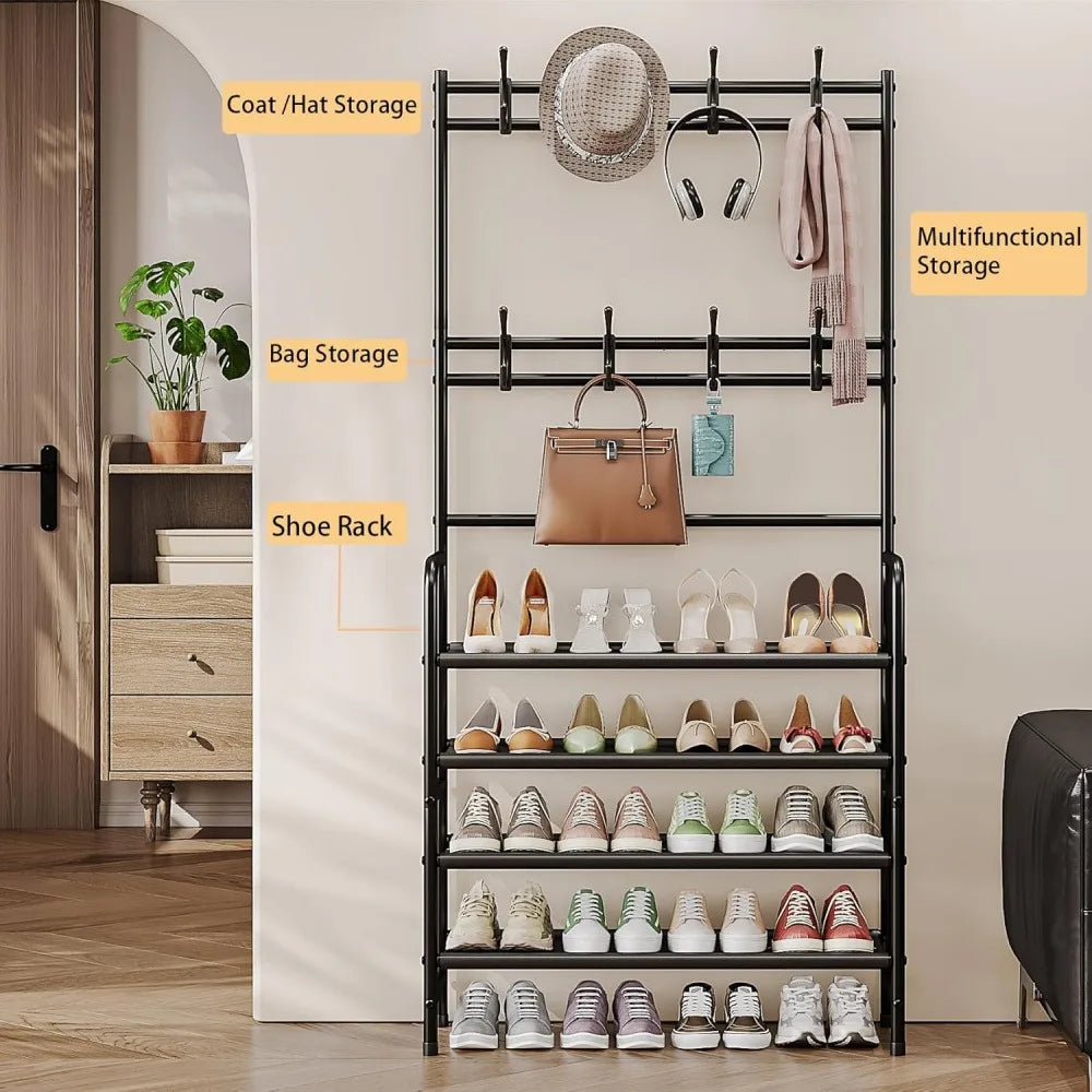5-Tier Metal Coat Rack with Shoe Shelf & 8 Hooks - Freestanding Entryway Organizer for Hallway, Bedroom, Closet Storage