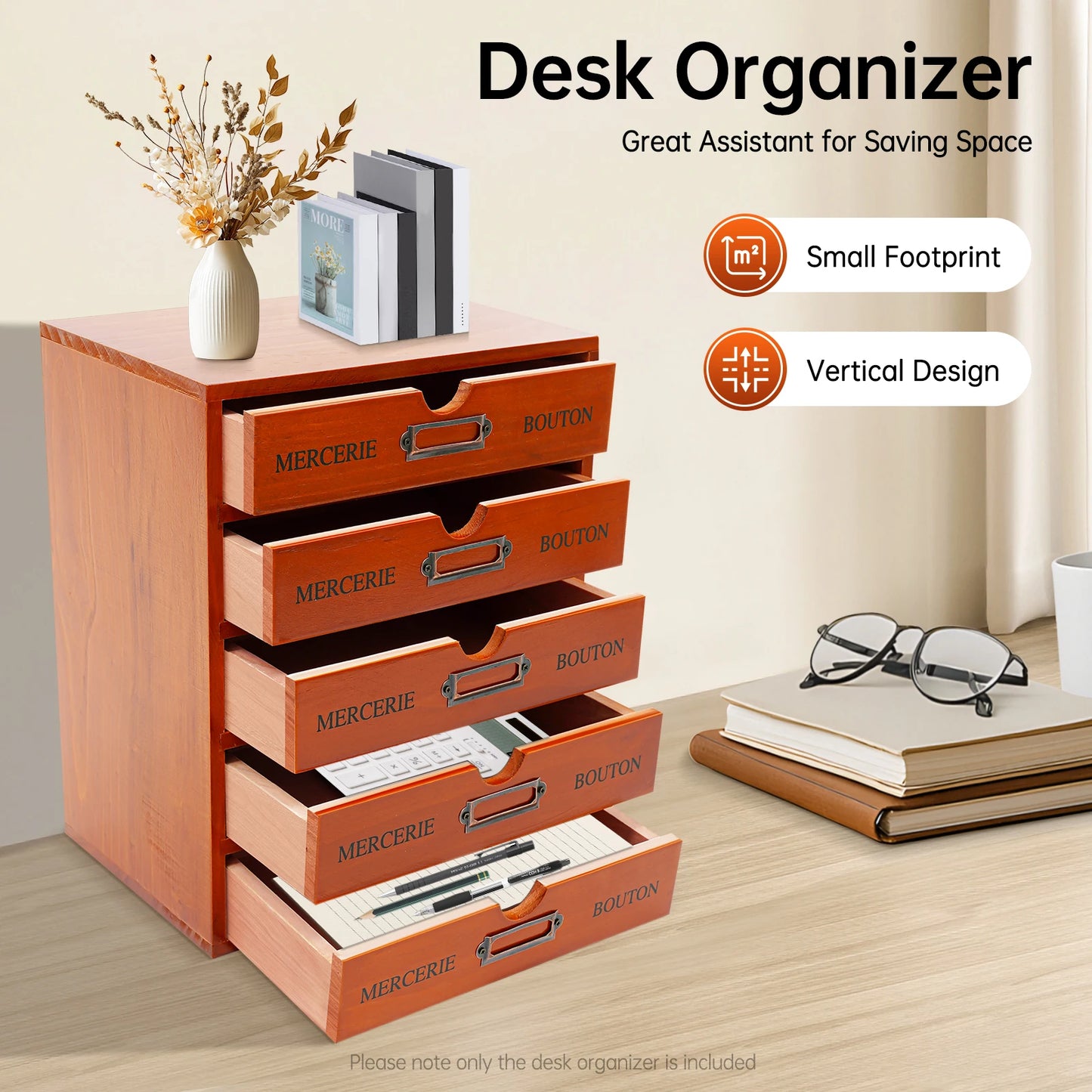 5 Drawer Wooden Desk Organizer 23*17.5*5cm Storage Drawers Vintage Shelf Drawer Used in an Office Study Bedroom Dresser