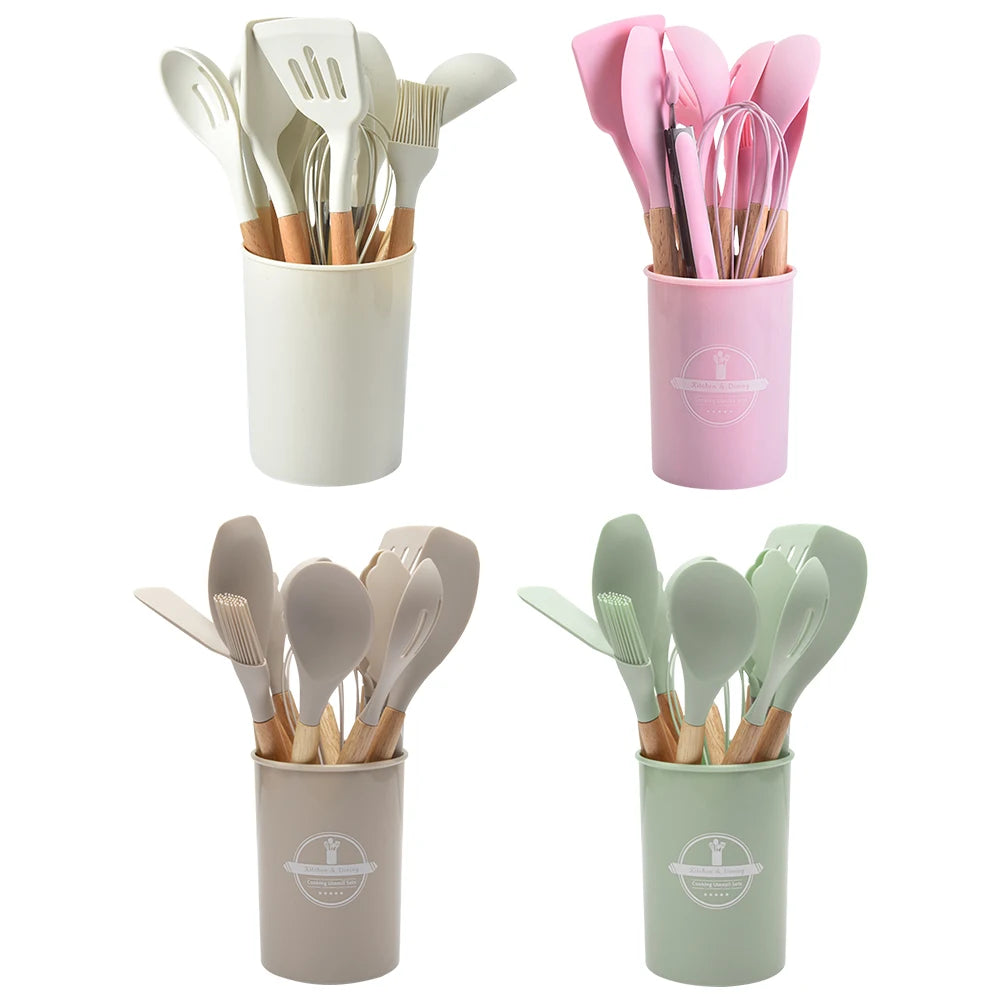 12Pcs Kitchen Utensil Set Cooking Tools Kit Wooden Handle Non-Stick Spatula Set Spatula Spoon Brush Whisk Kitchen Supplies