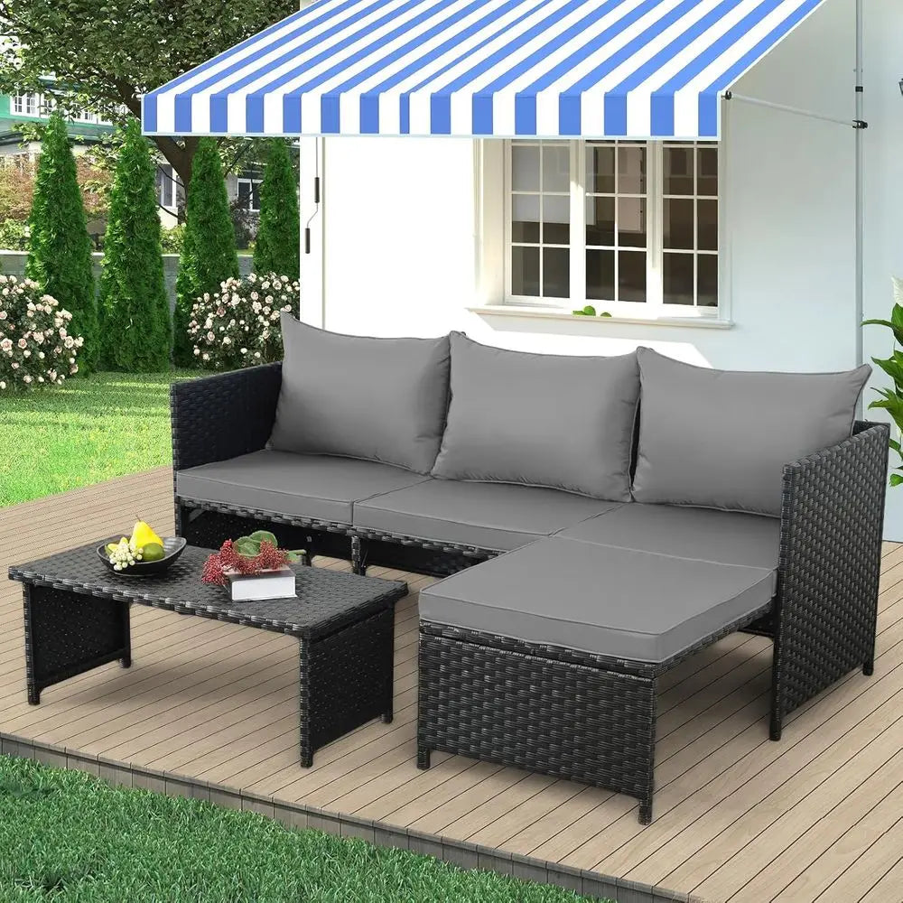 3-Piece Outdoor PE Rattan urniture Set Patio Black Wicker Contion Loveseat Soa Sectional Couch Gray Cushion