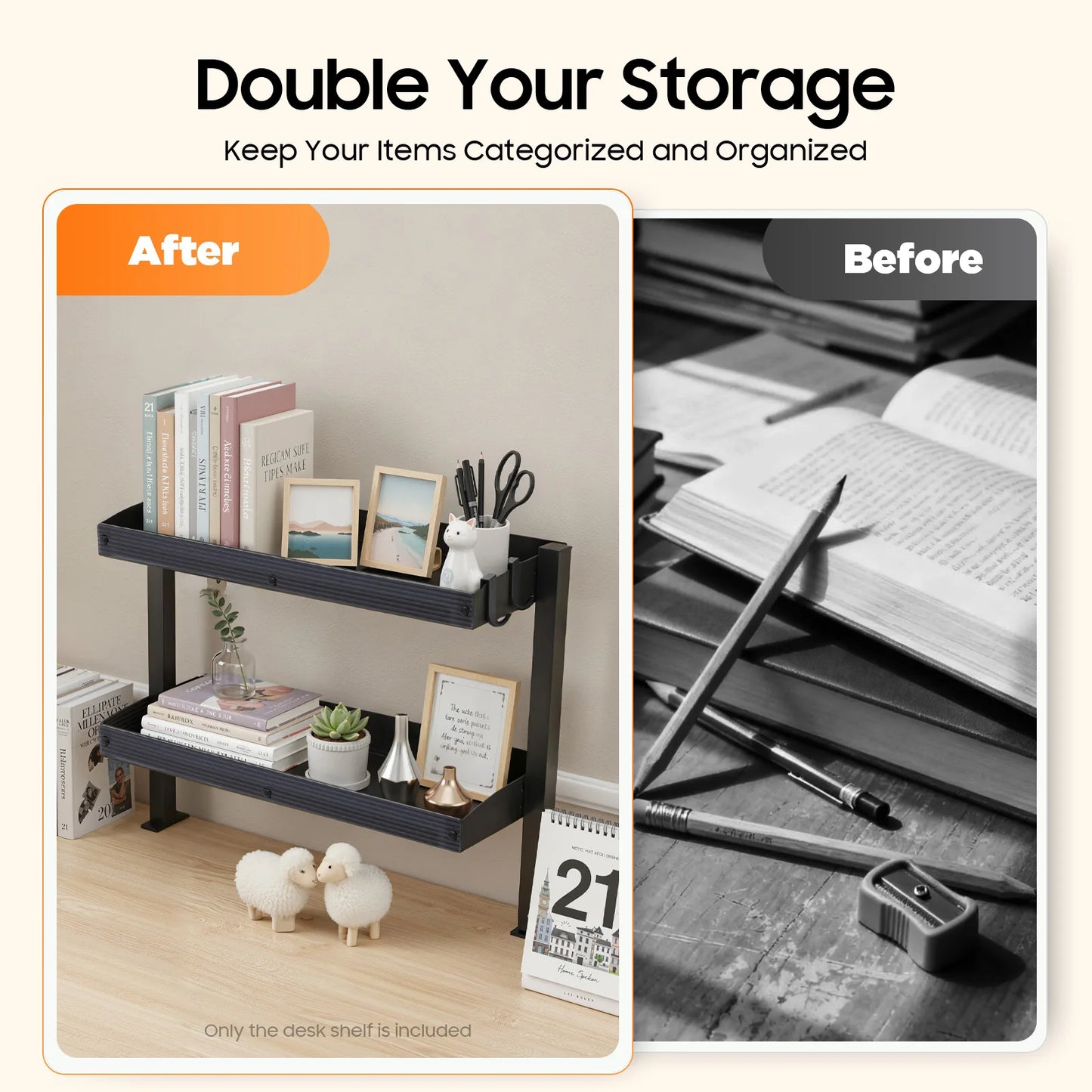 2-Tier Desk Shelf, Expandable Under Desk Storage, Clamp on Desk Shelf, Djustable Table Corner Storage Basket for Offices