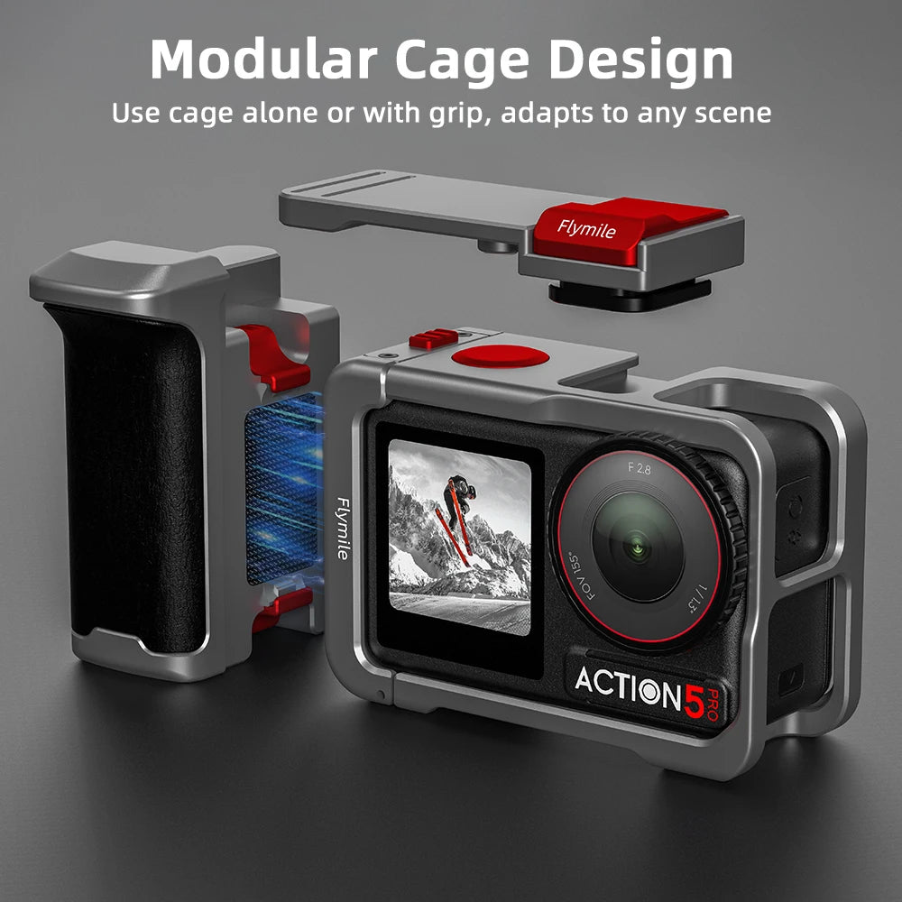 Flymile Action 5 Pro Camera Grip Holder Metal Cage for DJI Action 5 Pro/Action 4 Accessories Shutter Button Photography Handle