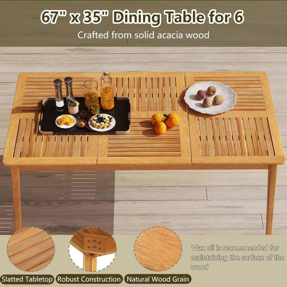 Wooden Outdoor Dining Table for 6, 67 x 35 Rectangular Acacia Wood Slatted Patio Table w/Umbrella Hole