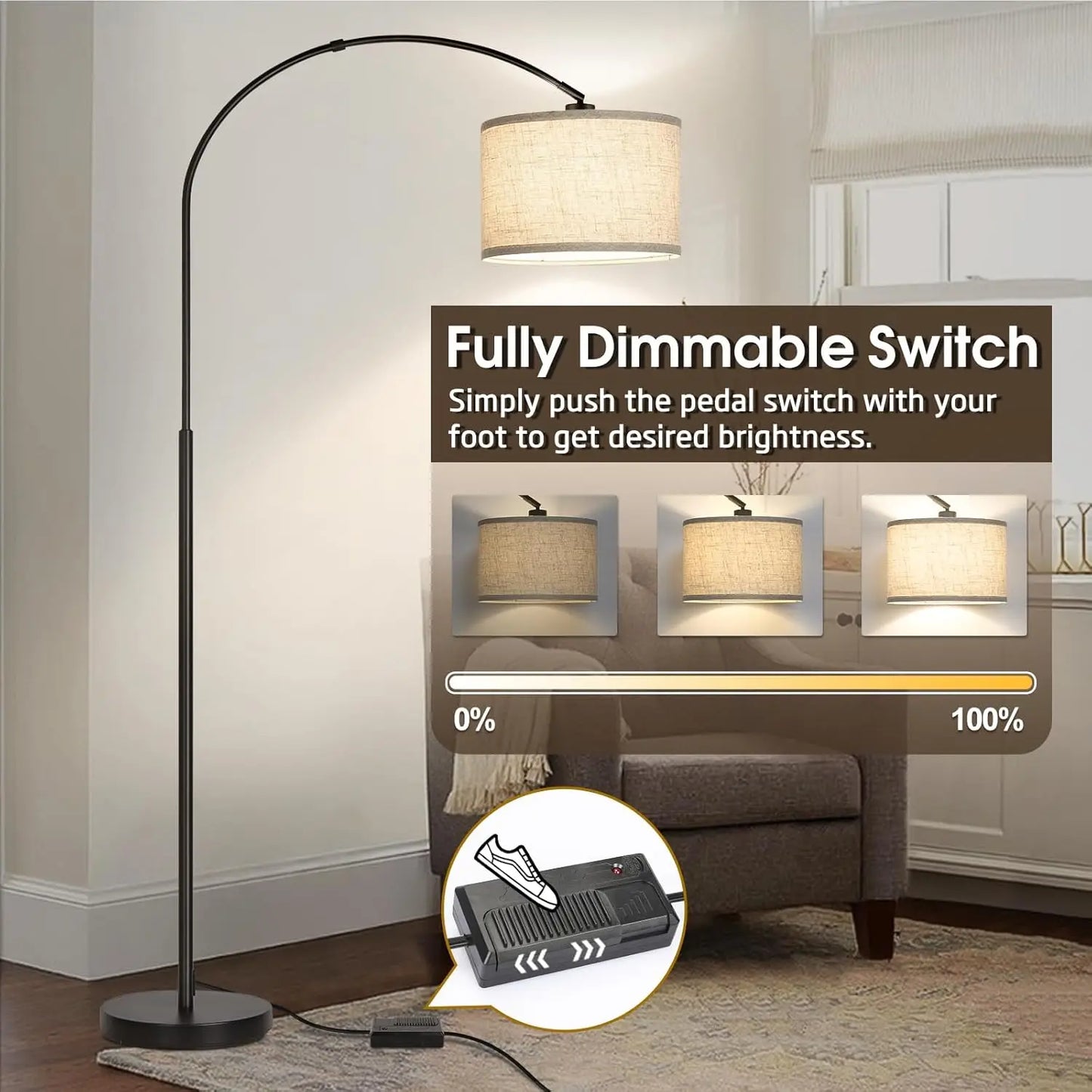 Dimmable Arc Floor Lamp with Adjustable Shade, Modern Black Standing Light for Living Room Bedroom, Includes 9W LED Bulb