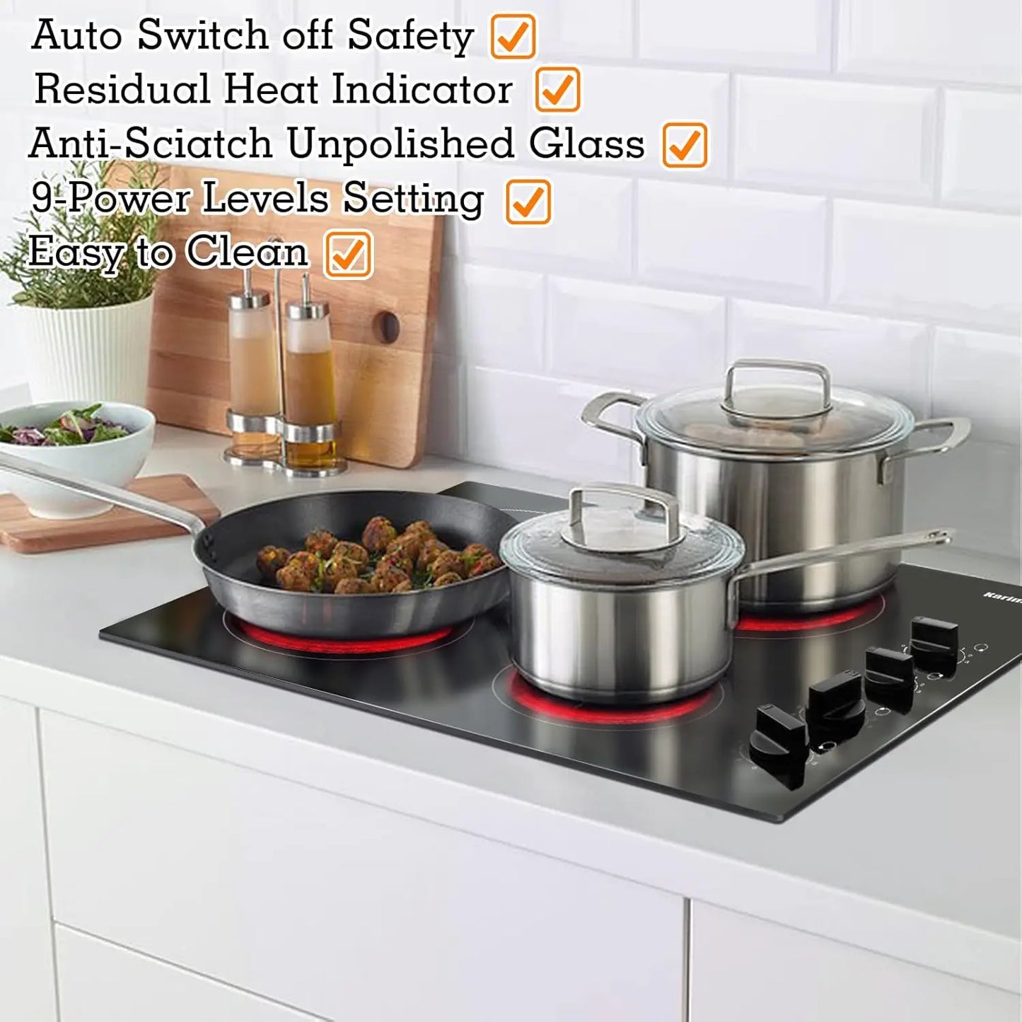 Karinear 4 Burners Electric Cooktop, 24 Inch Built-in, 220-240v, 6000W, Knob Control, Residual Heat Indicator,Hard Wire(No Plug)