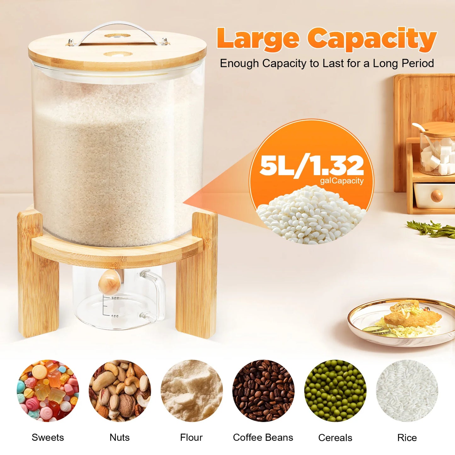5L Cereal Dispenser Flour Rice Storage Container Glass Tank W/ Lid Measuring Mug For Pantry Organization And Storage