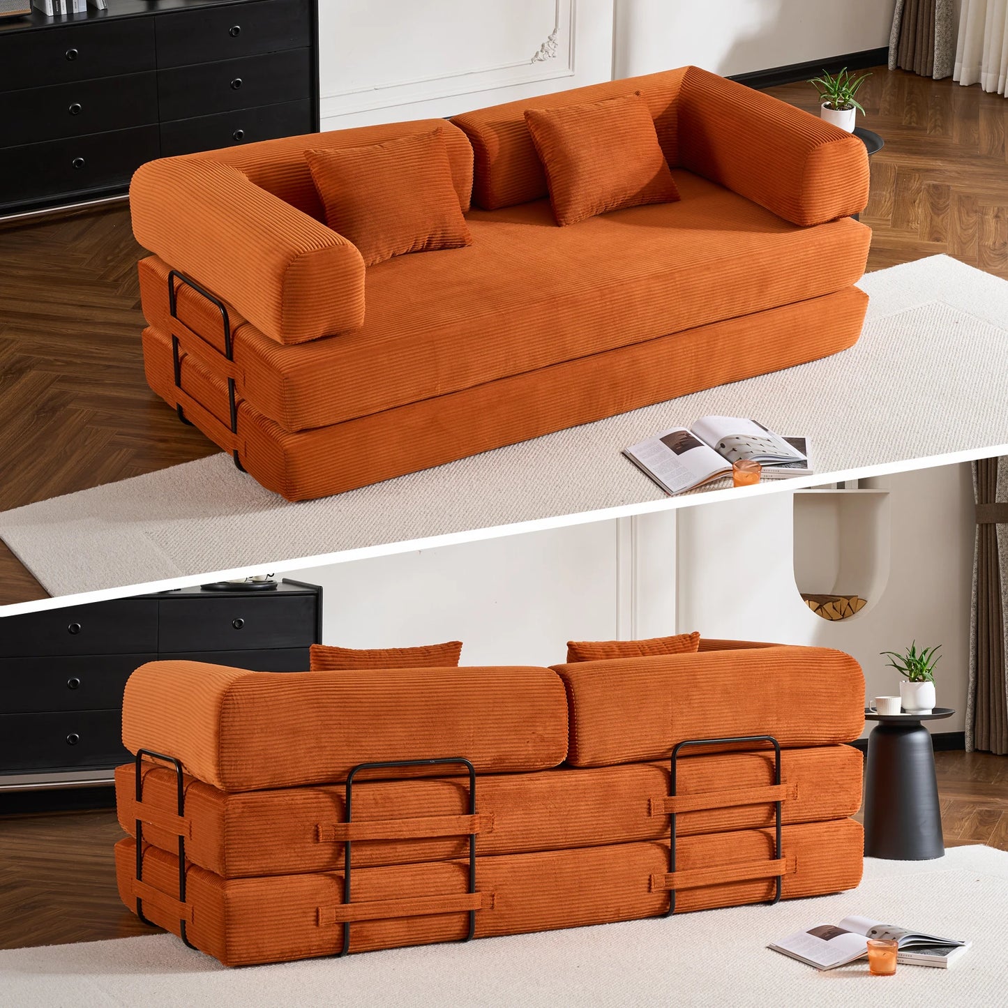 79" Convertible Sofa Bed with Fixed-Shape Frame & Removable Armrests, Corduroy Sofa, Mattress Couch for Small Spaces