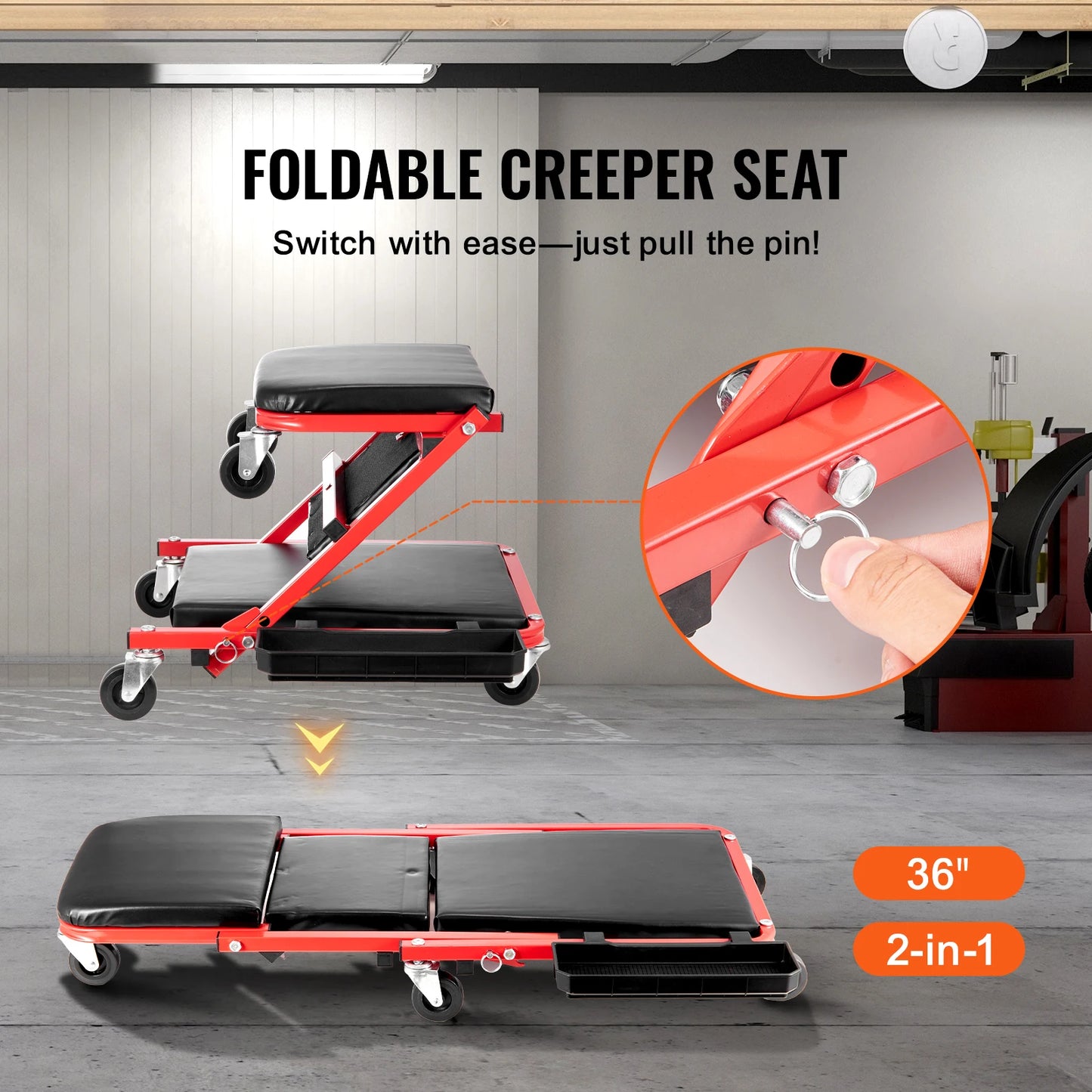 SucceBuy Foldable Z Garage Creeper Rolling Folding Mechanic Creeper Stool with 6 Wheels Tool Tray Padded Seat Garage Shop Home