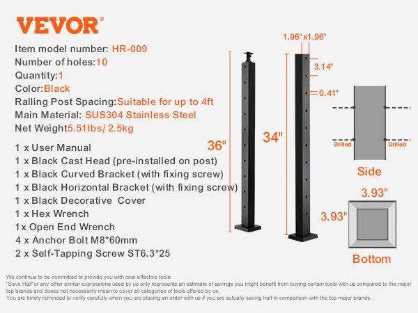 SucceBuy Cable Railing Post Pre-Drilled Holes SUS304 Stainless Steel Cable Rail Post with Horizontal /curved Bracket Black