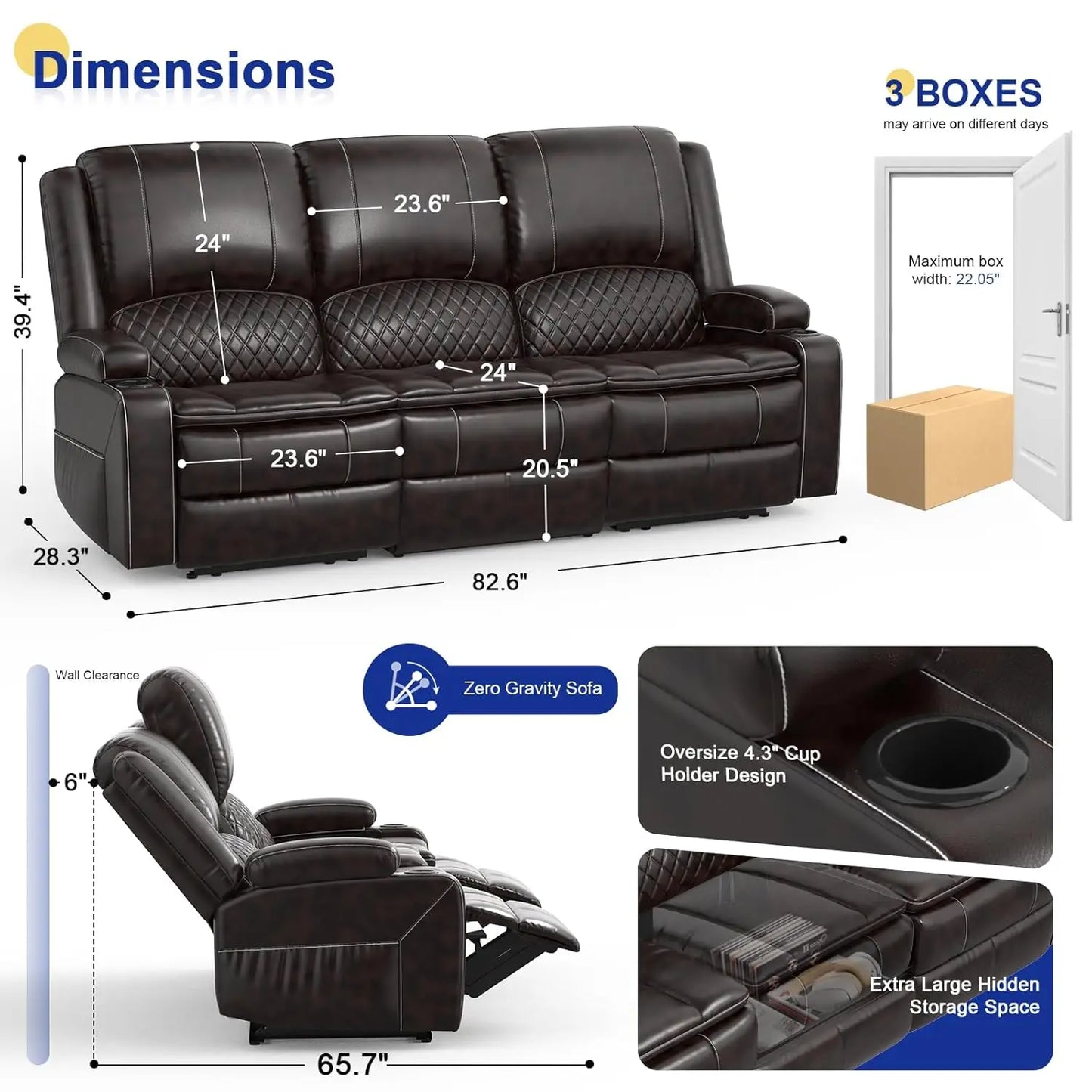 3 Seat Recliner Sofa with Console, Armrest, PU Leather, Cup Holders, USB Ports, Living Room/RV, Customized