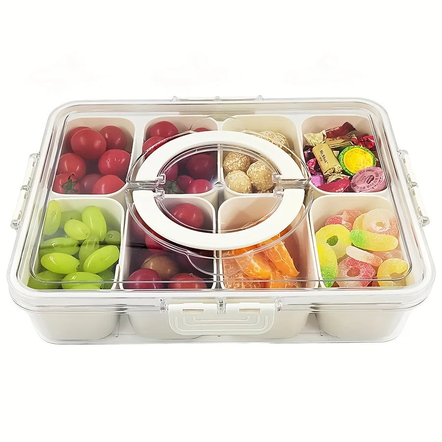 Divided Rotating Serving Tray with Lid and Handle, Portable Snackle Box for Fruits Snacks Veggie Charcuterie, Clear Snack Spinne