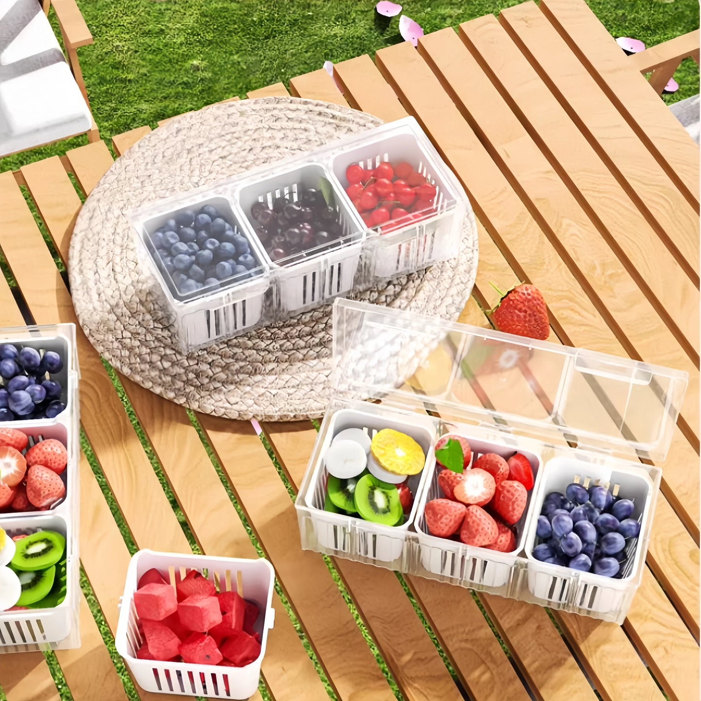 1 set of kitchen refrigerator accessories with a lid, food storage container, with 3 transparent square detachable compartment d