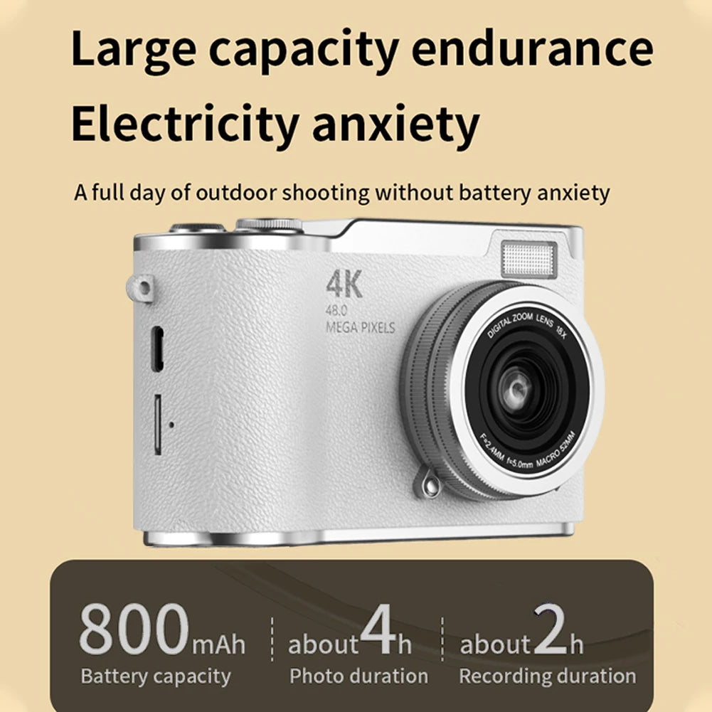 4K Digital Camera 48MP Portable CCD Camera 8X Zoom Compact Small Camera 180 Flip Screen Vintage Camera for Teens Adult Beginner